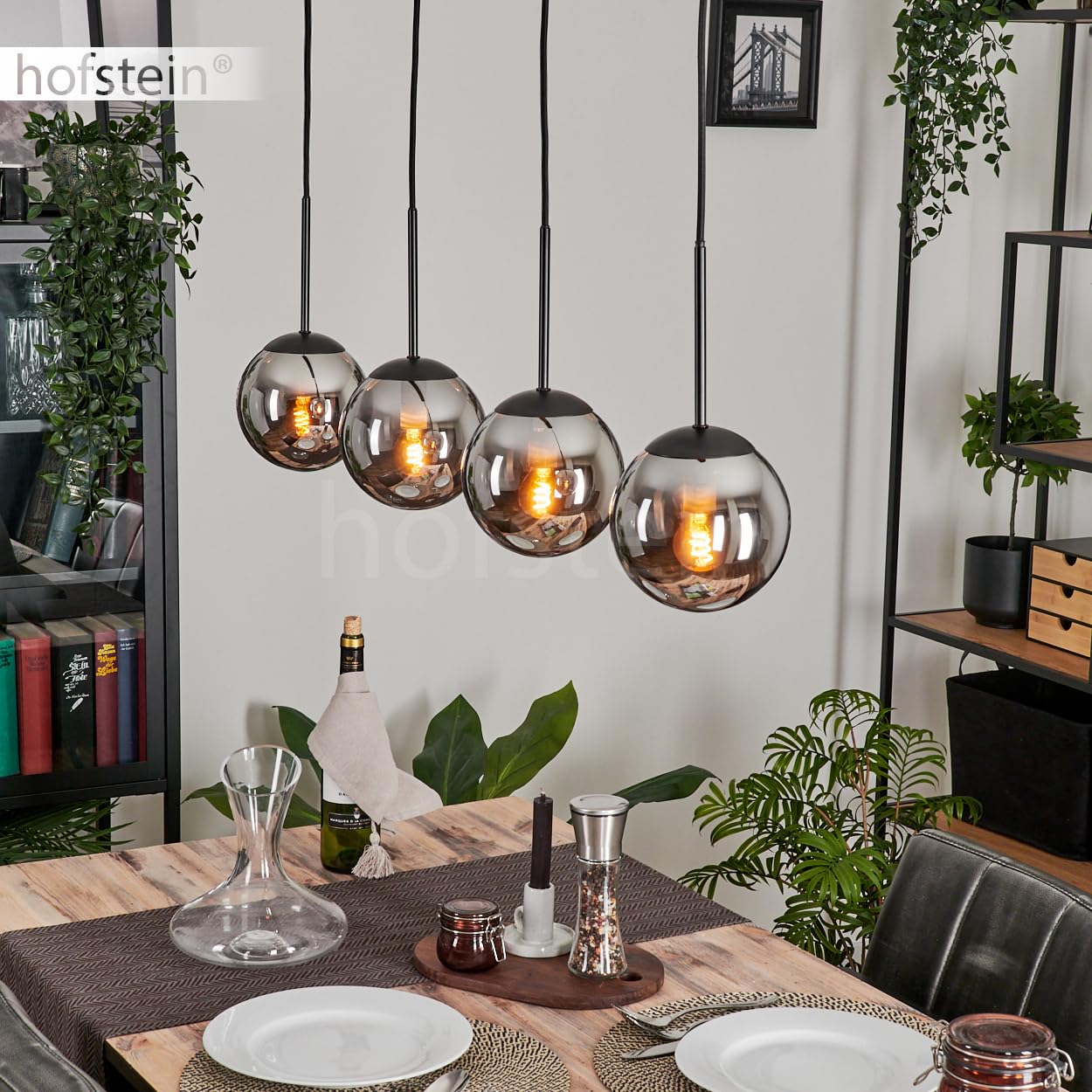 Hofstein Black Gastor Pendant Lamp, Metal/Glass Pendant Lamp In /Chrome/Smoke Colour, Luminaire In Modern Retro/Vintage Design With Glass Shades (Ø 15 Cm), Max. Height 149 Cm, 4 X E14, Without Bulbs