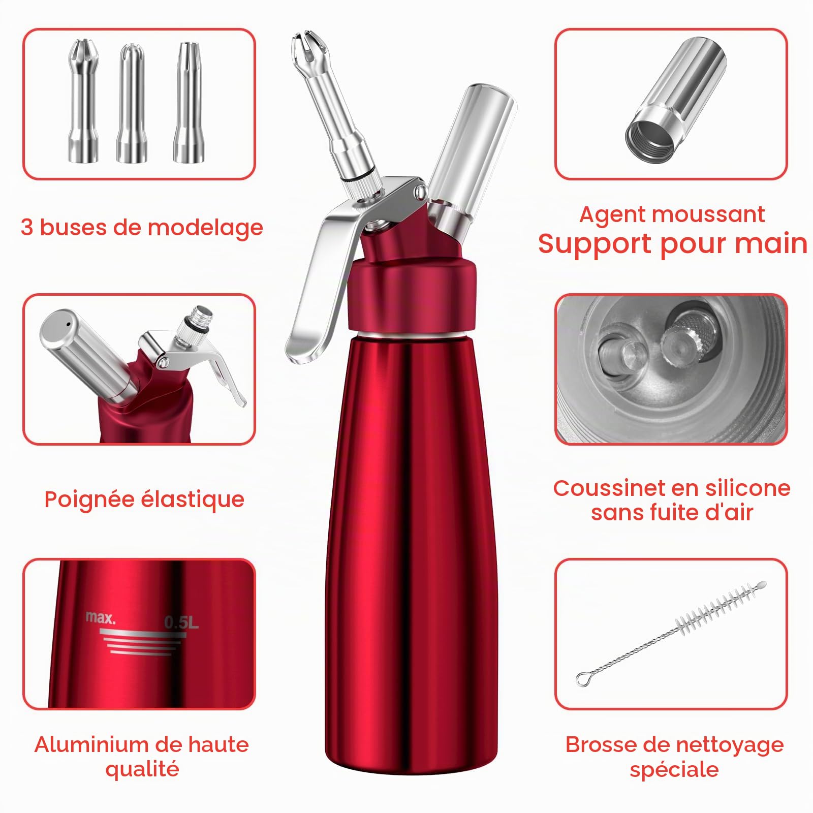 Newaner 500ml Siphon Chantilly, Syphon à crème en Aluminium pour Desserts | avec 3 Douilles en Acier Inoxydable et 1 Brosse de Nettoyage, pour décoration gâteaux d'anniversaire pâtisserie crème glacée