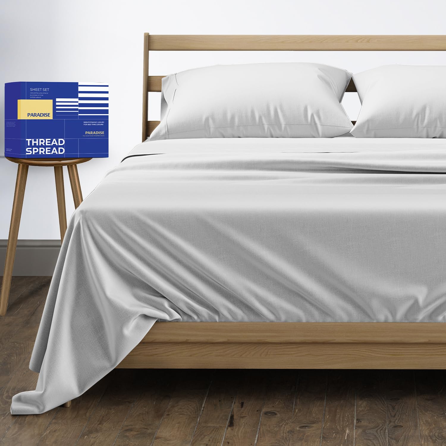 THREAD SPREAD 100% Egyptian Cotton King Size Sheet Set - High Thread Count King Size Sheets Set Egyptian Cotton, 4 PC Silver 16" Deep Pocket, Soft Cooling Sateen Ultra Luxury Hotel Bedding