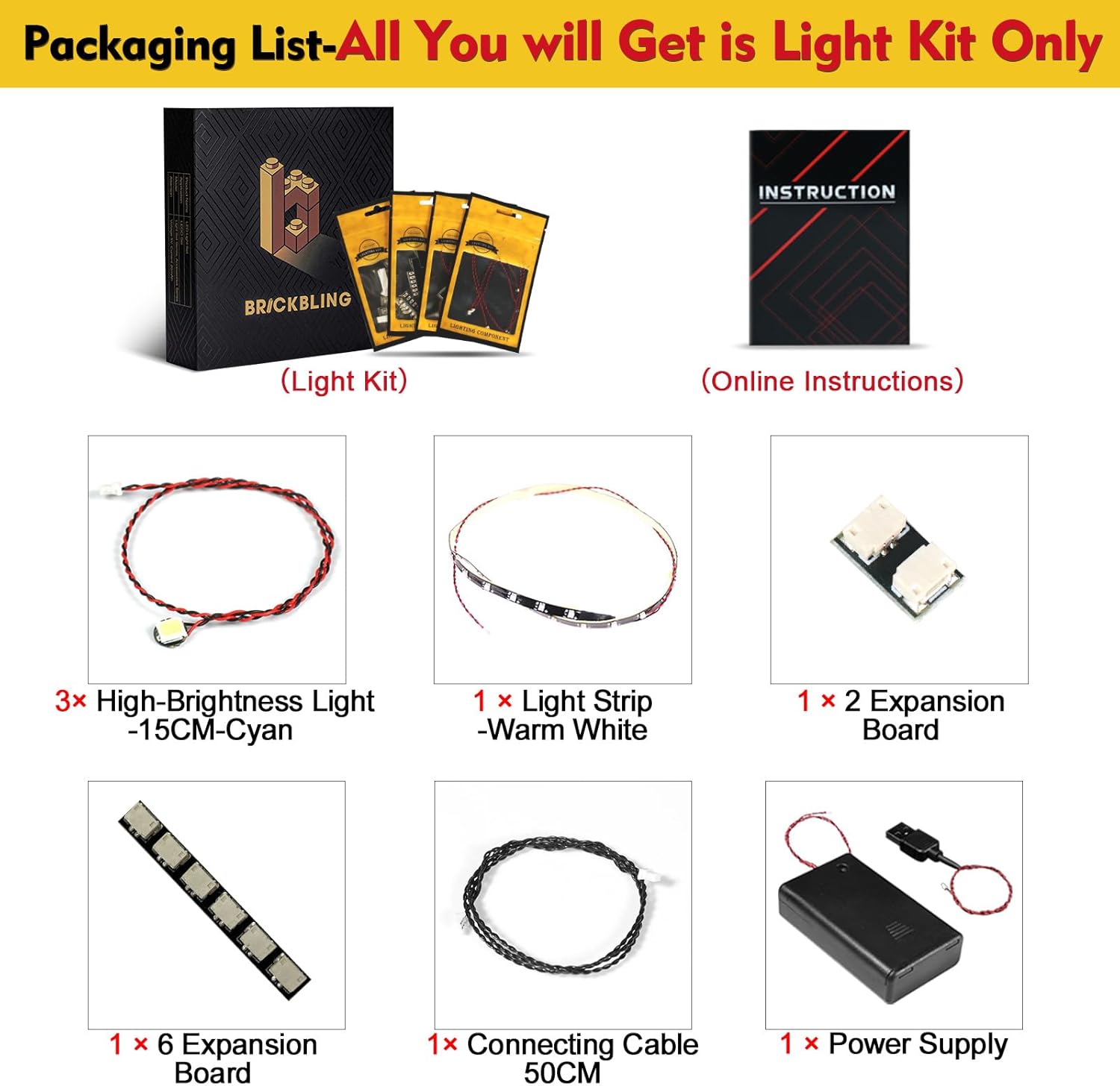 Image showing the BrickBling light kit box, online instructions, three high-brightness cyan lights, one warm white light strip, one 2-expansion board, one 6-expansion board, one connecting cable, and one power supply.