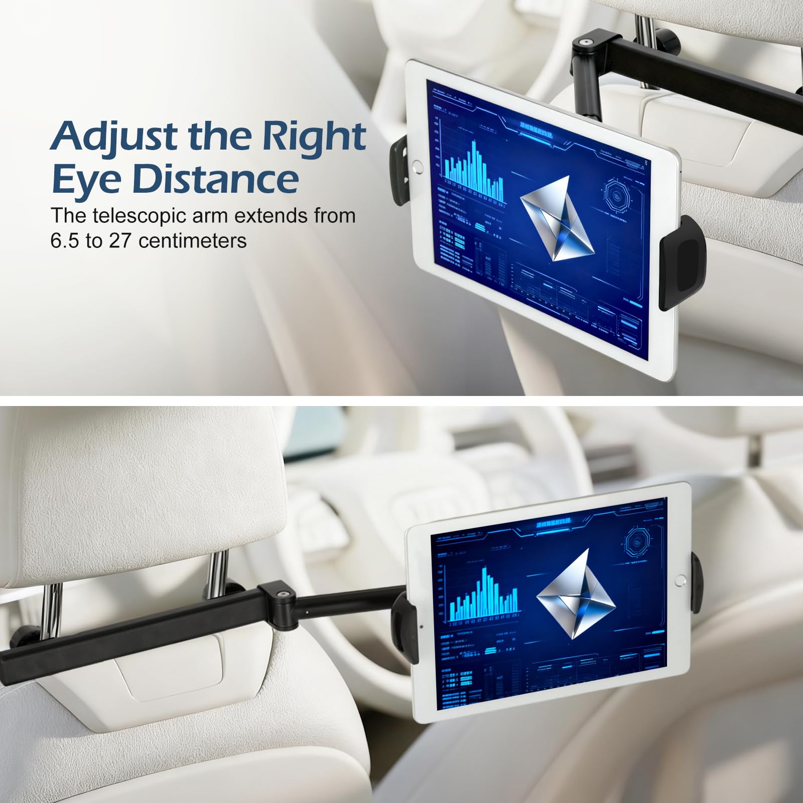 VINATO Tablet Holder for Car, Adjustable Car Mount for iPad Kindle 4-12.9 Inch, 360° Rotation Black