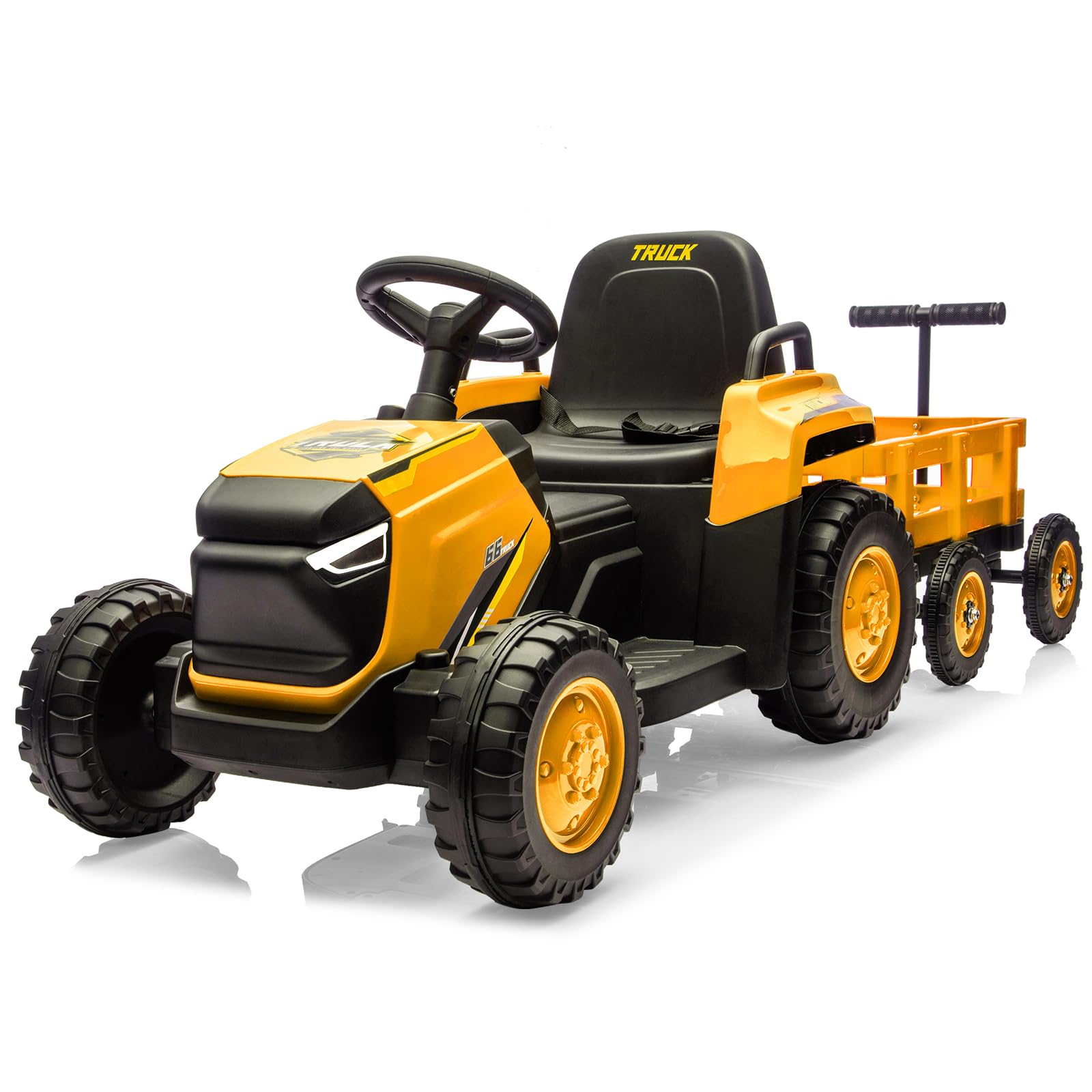 Trattore elettrico per bambini 12 V, veicolo elettrico per bambini con luce LED, giocattolo trattore elettrico a 8 ruote con telecomando, musica e clacson per bambini da 3 anni+, giallo