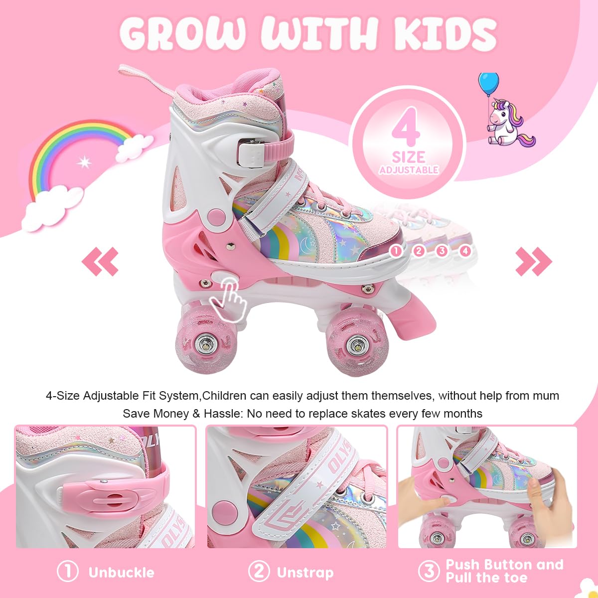 Patins à roulettes pour Enfants, 8 Roues Lumineuses et 4 Tailles réglables, Patins à Quatre Roues avec Sac de Rangement, Patins à roulettes à Double rangée pour Filles, garçons et débutants - 5