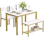 DlandHome Dining Table with 2 Chairs and 1 Bench Dining Room SetsSoho Dining Table and Chairs Set,Rectangular Space-Saving Dinner Table with Two Benches for Kitchen, Gold&White 10FJGSCZ1008GL-DCA