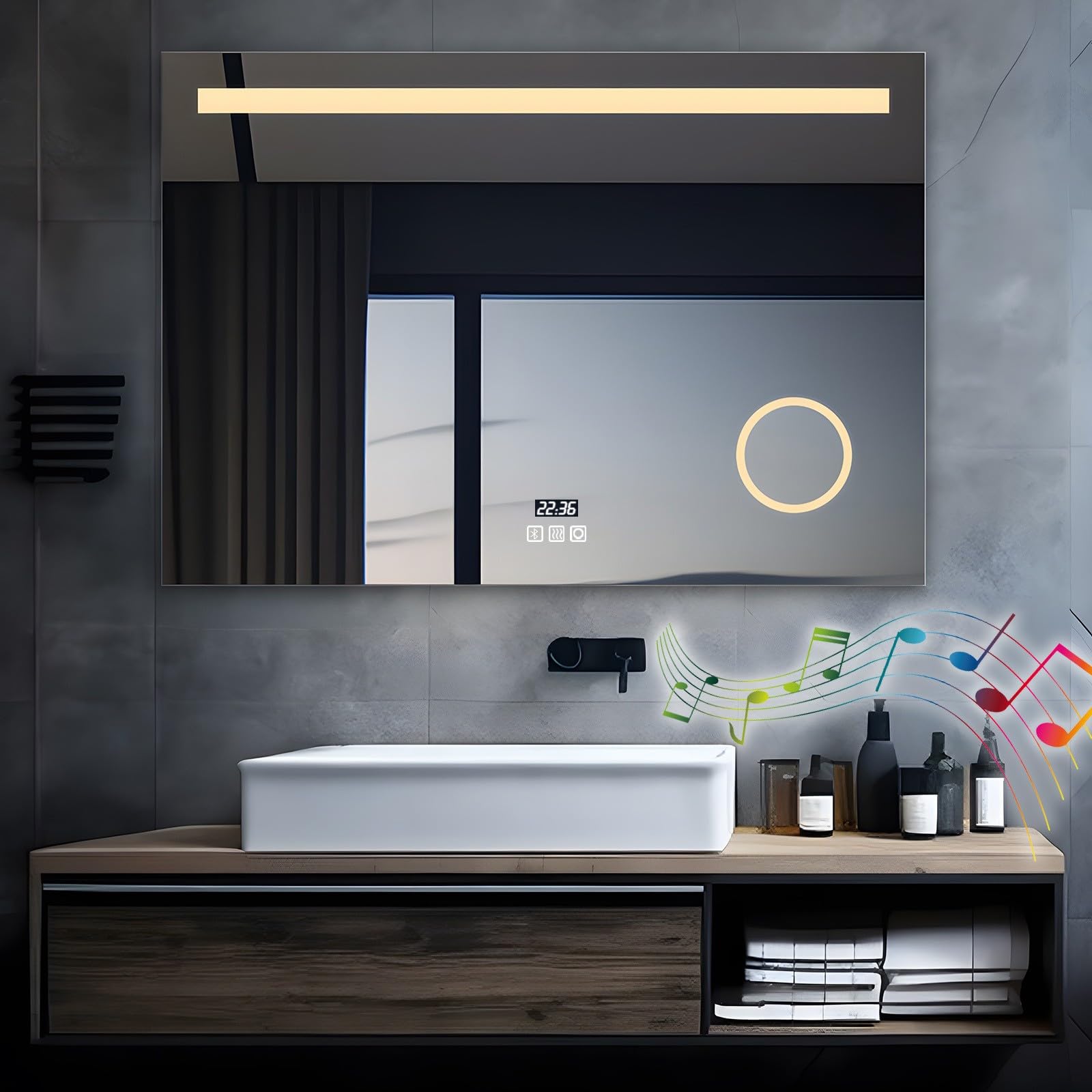 MIQU Specchio da bagno a LED con illuminazione, 100 x 70 cm, specchio 1000 x 700 mm grande con presa di corrente, orologio, Bluetooth, Touch, dimmerabile caldo/bianco senza appannamento, ingrandimento