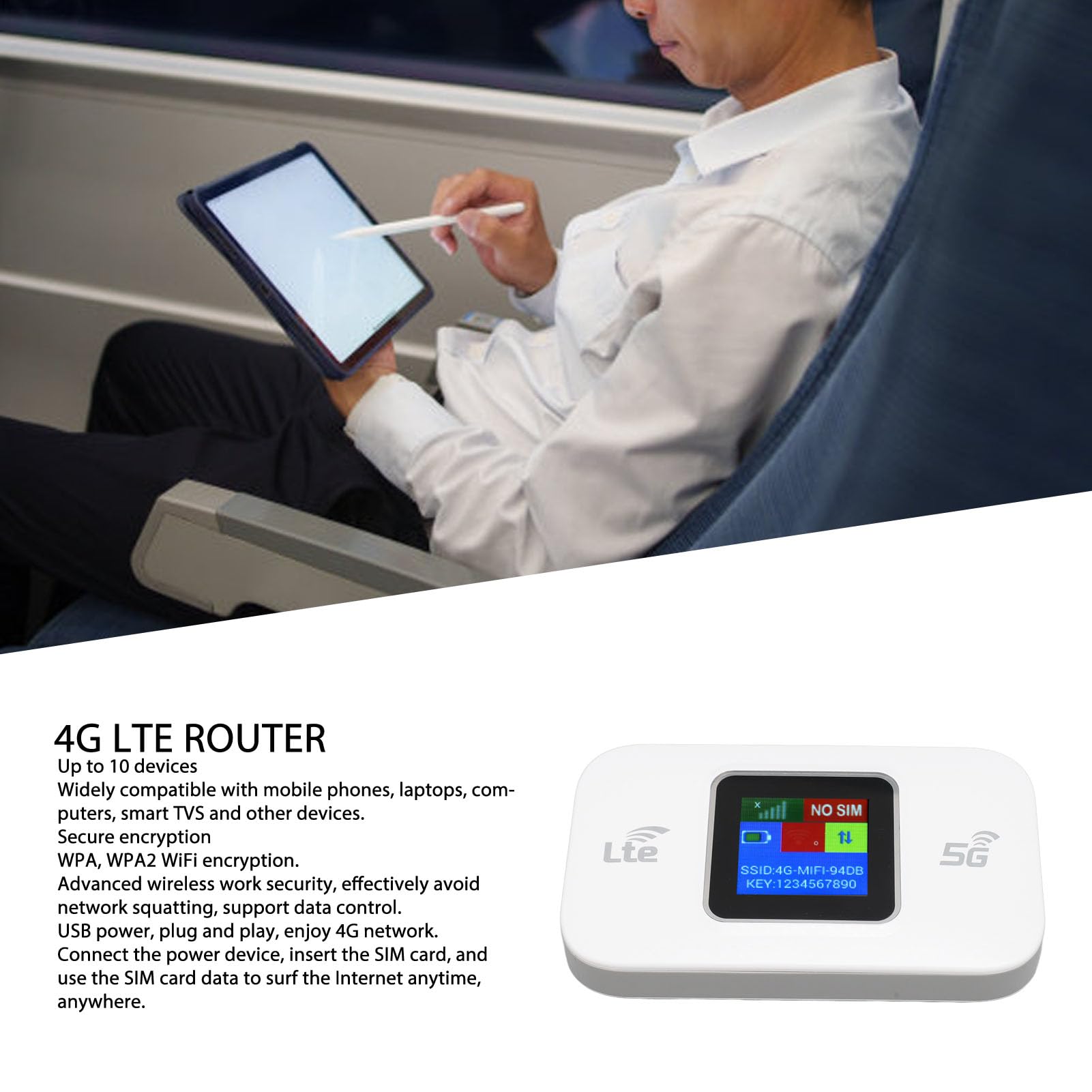lyrlody Enrutador 4G Portátil, Punto de Acceso WiFi Móvil Módem WiFi 4G LTE de 300 Mbps con Ranura para Tarjeta SIM, para hasta 10 Dispositivos Compatibles con Teléfono, Tableta y
