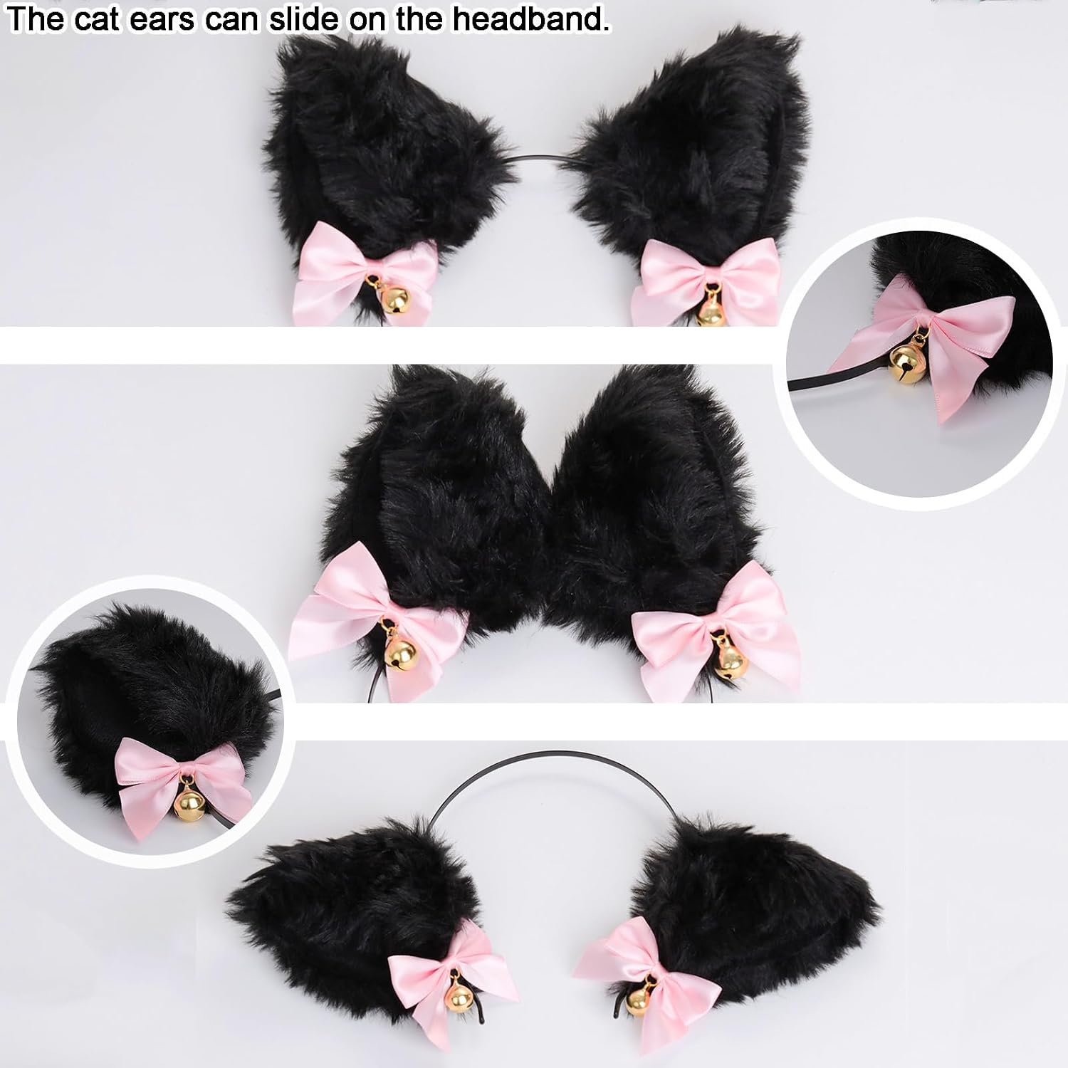 Fumwase Cat Ears and Tail Set with Bells 3PCS Cosplay Costume Set Cat Ears Headband Tail Choker for Women Adult