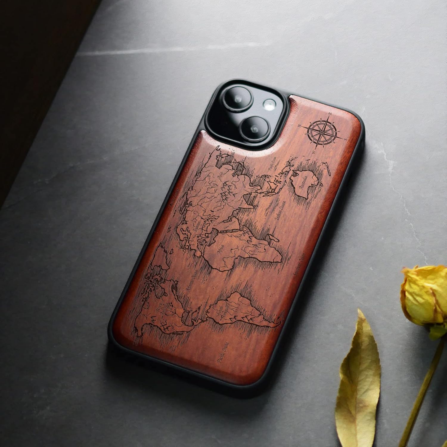 Carveit Magnetic Wood Case for iPhone 14 Plus Case [Natural Wood & Black Soft TPU] Unique & Classy Wooden Shockproof Protective Cover Compatible with magsafe (Compass Maps -Rosy)