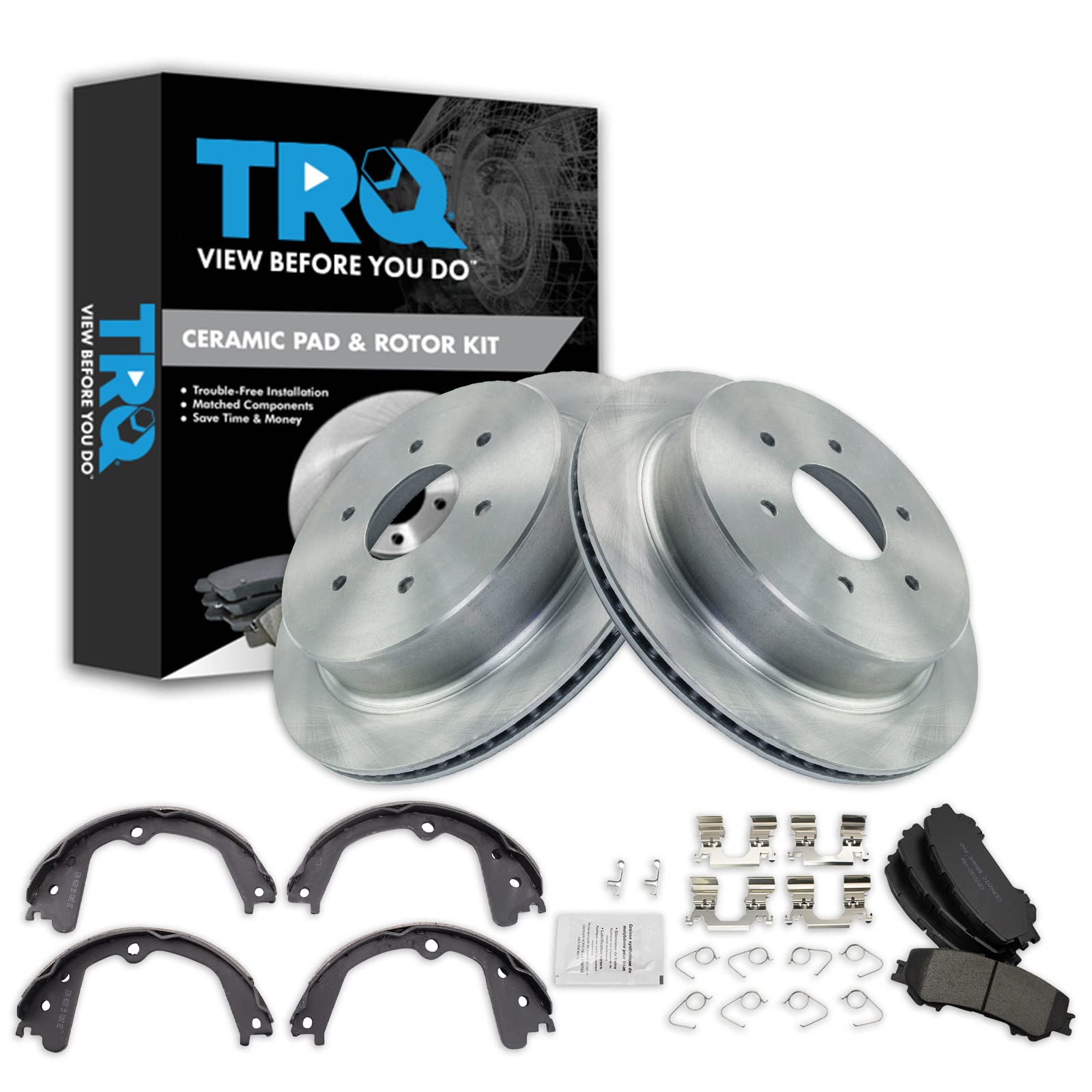 TRQ Rear Brake Pad and Rotor Set Ceramic Parking Shoe Compatible with 2017-2019 Nissan Titan