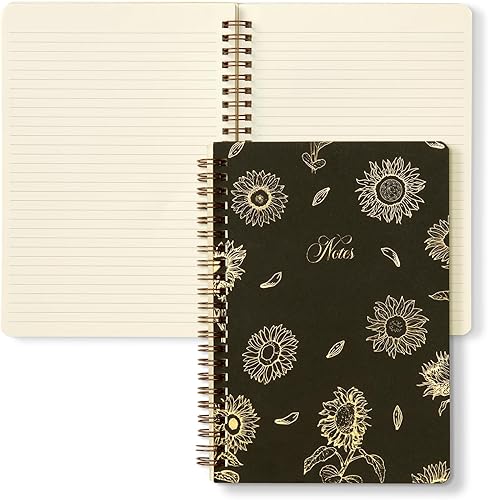 Cuaderno de girasol con bolsillos, bonito cuaderno encuadernado en espiral para mujer, cuaderno elegante y bonito, 75 hojas, cuaderno de diario en