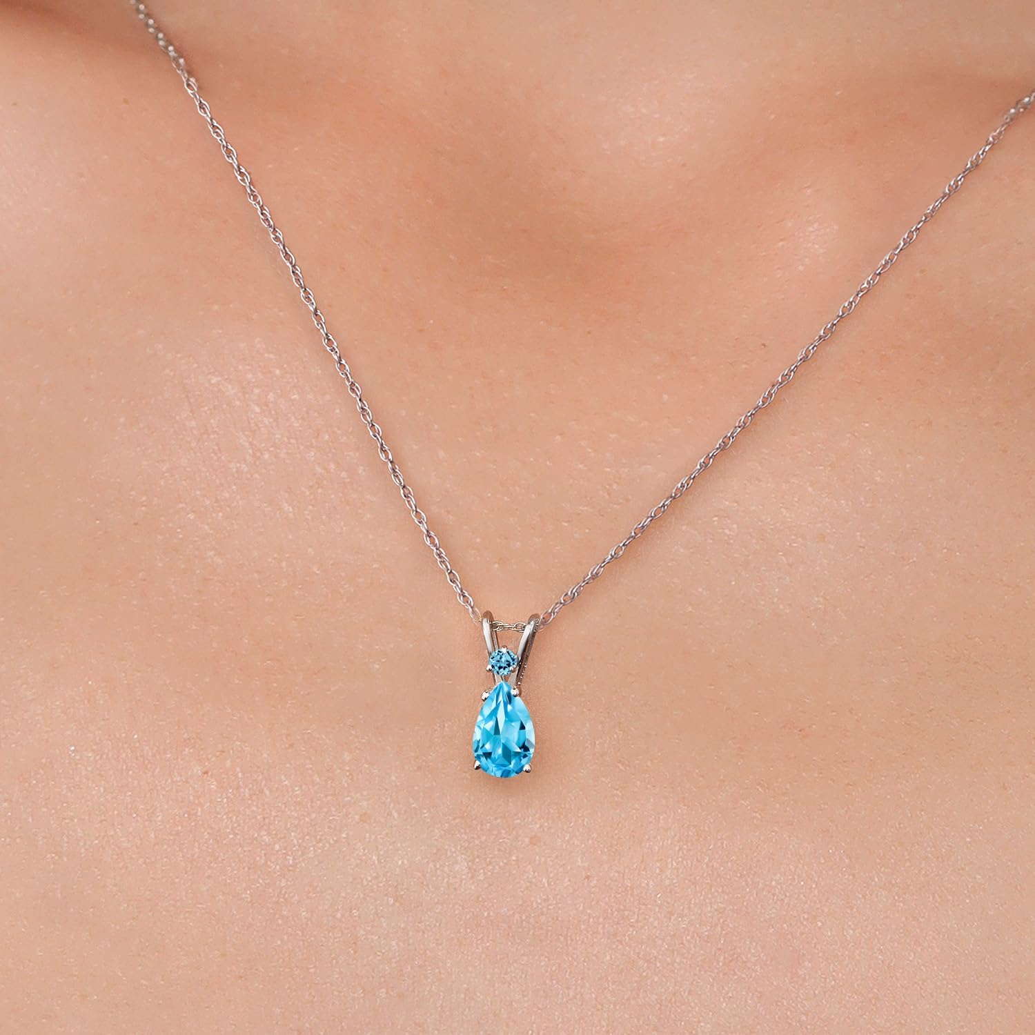 Gem Stone King 14K White Gold Swiss Blue Topaz Pendant Necklace for Women | 1.01 Cttw | Gemstone November Birthstone | Pear Shape 8X5MM | With 18 Inch Chain - Image 3
