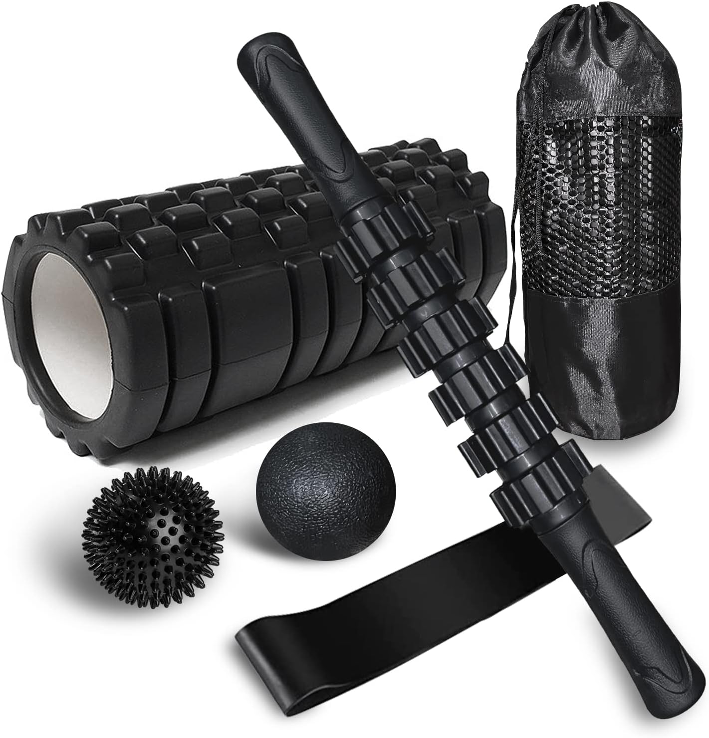DEXUN6 in1 Foam Roller Set, Trigger Point FoamRoller, Yoga Stick, Massage Ball, Fixation BallFitness Stretching Strap, Carrying Bag, Massage Roller for Deep Muscle Massage Pilates Yoga