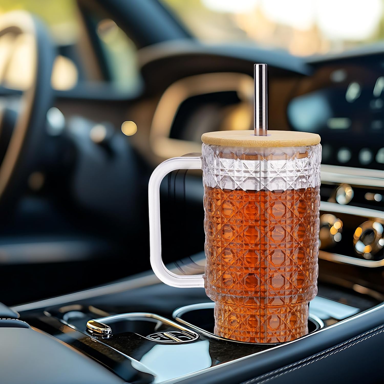 NiHome 2PCS Glass Tumblers with Handles & Bamboo Lids, 25oz/740mL Clear Glass Cups with Stainless Steel Straws, Brushes, Spill-Resistant Silicone Rings, Reusable for Iced Coffee, Juice, Water, Car