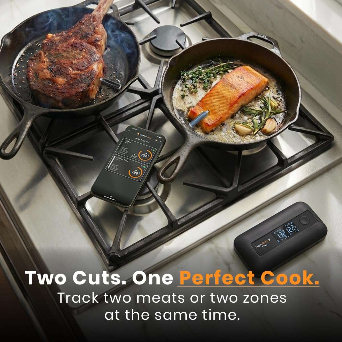 MeatStick V Duo WiFi Wireless Meat Thermometer, Dual Probe LCD Base | 11 sensors total, 1200°F rated, 50+ hr battery, dishwasher safe probes. For Grilling, Smoking, BBQ, Oven, Air Fryer