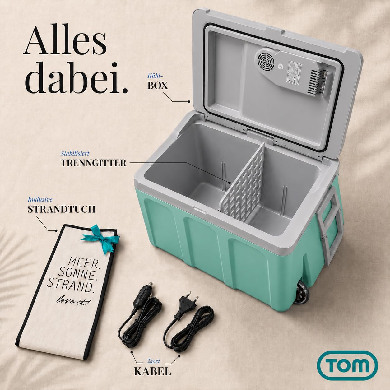 TOM 2in1 XXL Kühlbox 40l mit Kühl- und Heizfunktion – elektrische Coolbox mit Rollen – 230V & 12V Strom Anschluss – Elektrisch – für Auto, Camping, Wohnwagen & Co – Plus Geschenk