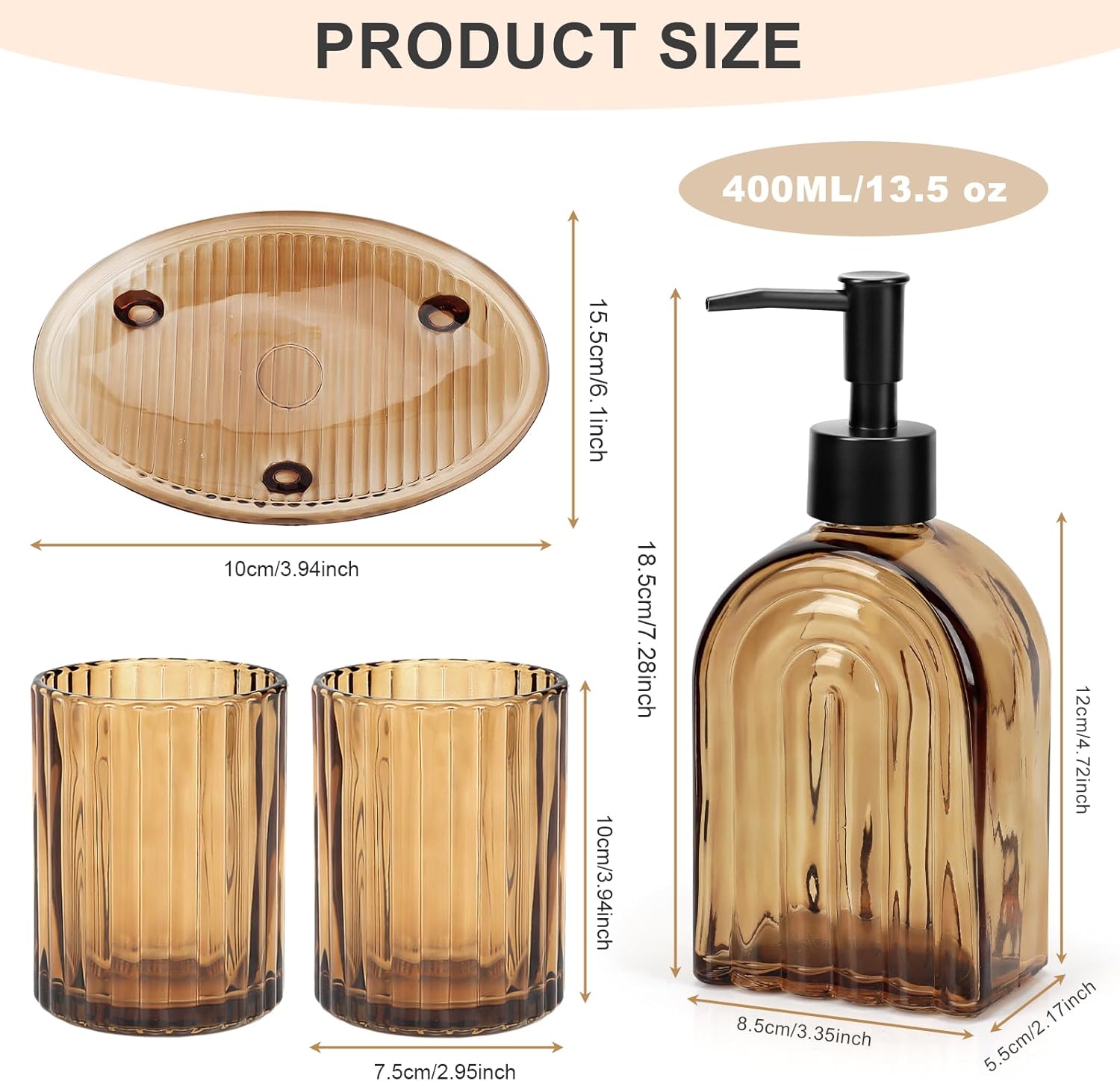 4Pcs Glass Bathroom Accessories Set,Amber Bathroom Accessory Set,Bathroom Counter Sink Toothbrush Holder Set Includes Hand/Lotion Soap Dispenser & Tumbler & Soap Dish