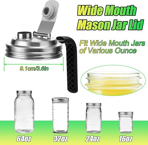 Miniatura 2 de Tapa de boquilla de acero inoxidable con asa, tapa abatible de boca ancha para frascos masón, cubierta de sello a prueba de fugas hermética para