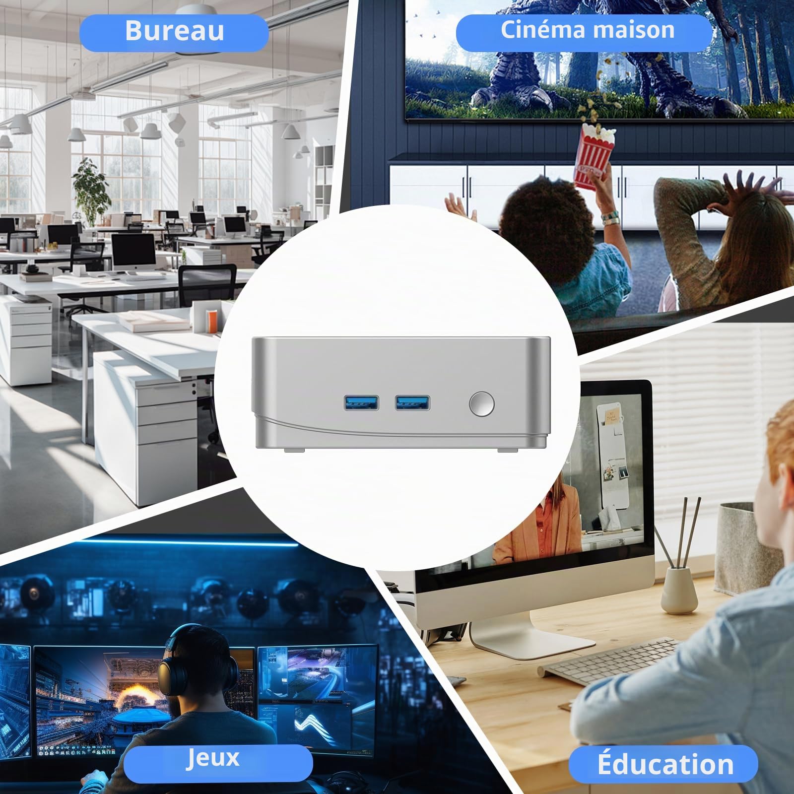 Mini PC 3200U (jusqu'à 3,5 GHz) 8 Go RAM 256 Go SSD Win11 WLAN5/Bluetooth/RJ45 LAN 1000M/USB*4/USB-C*2/HDMI*2, sortie double moniteur 4K @ 60Hz, ultra léger, silencieux, 4-6 W économe en énergie