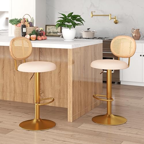 Miniatura 2 de COSTWAY Juego de 2 taburetes de bar de ratán y terciopelo, taburetes de bar giratorios de 360 de altura ajustable con respaldo, reposapiés de metal,