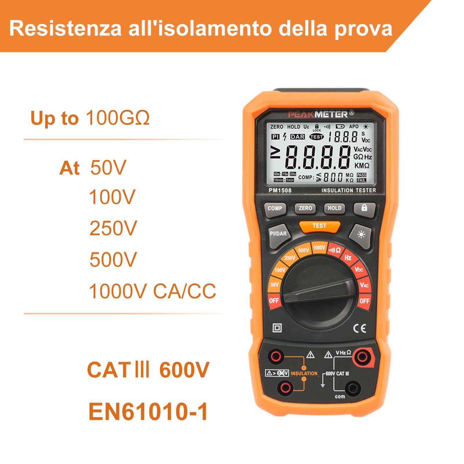 Megohmmetro, testatore di resistenza dell'isolamento, 50V-1000V,100GΩ | Megohmmetro,multimetro, 50V/100V/250V/500V/1000V, resistenza fino a 100GΩ con PI, DAR, frequenza, prova di bassa tensione