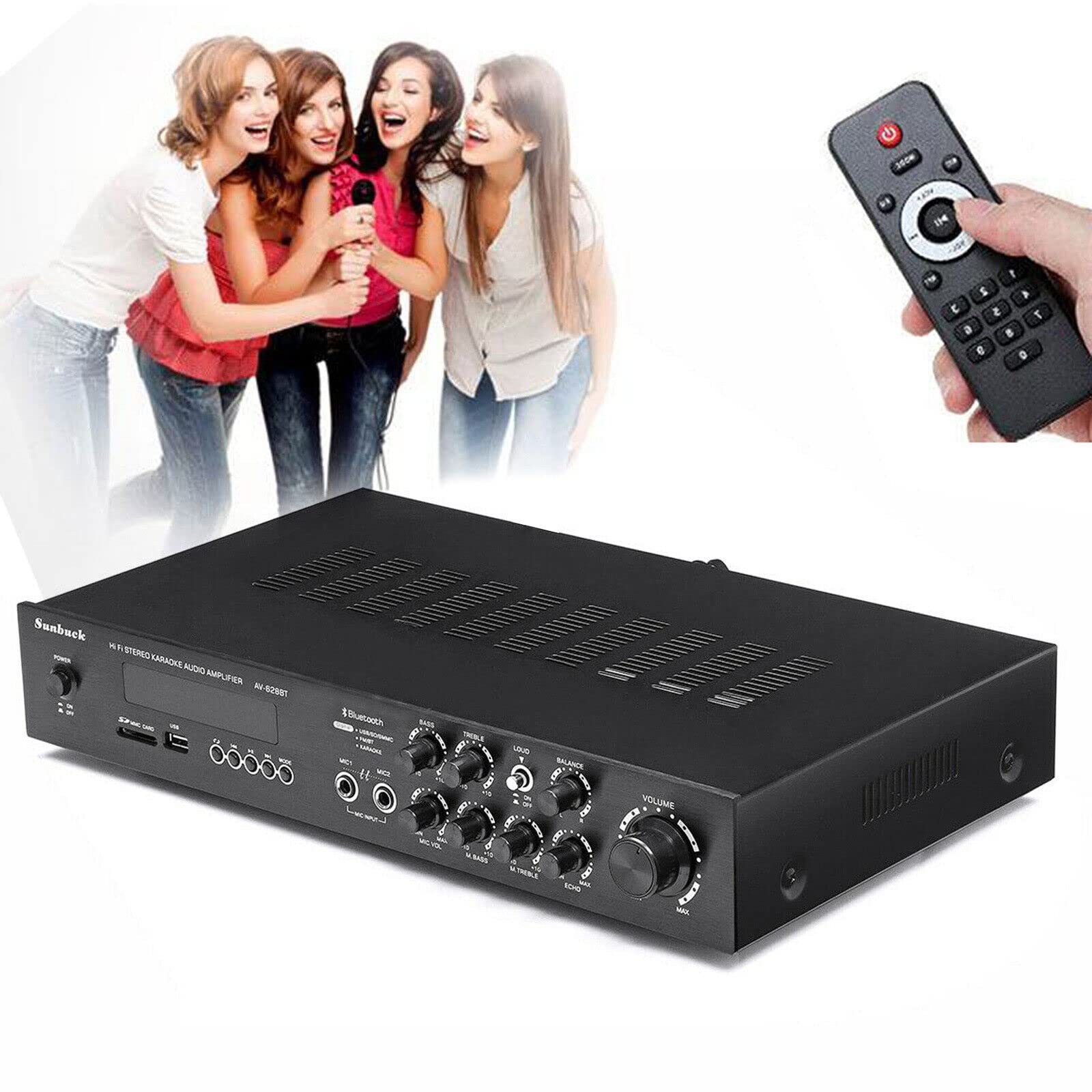 Wzmacniacz stereo z 5-kanałowym dźwiękiem, cyfrowy wzmacniacz Hi-Fi, Bluetooth, HiFi Stereo do studia, kina domowego z radiem FM, czytnikami MP3/USB/SD, wyświetlacz LED, pilot zdalnego sterowania