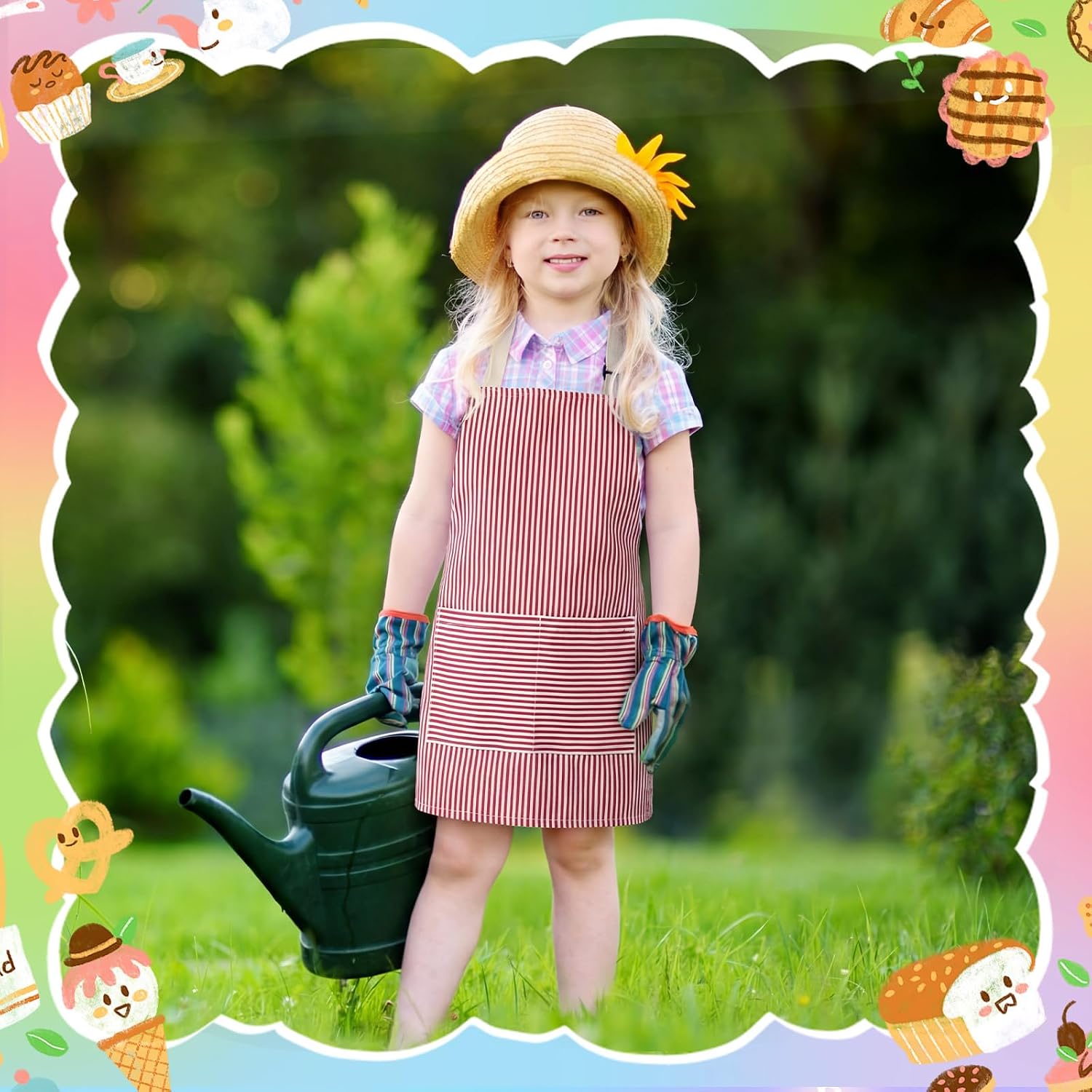 Newcotte Stripes Kids Aprons, Adjustable Cotton Bib Chef Apron with 2 Pockets for Cooking Painting Baking Toddler Boys Girls