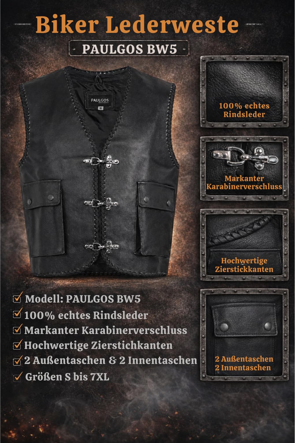 PAULGOS Lederweste Weste Kutte Leder Biker Rocker Motorrad Clubweste Bikerweste Motorradweste Schwarz BW5