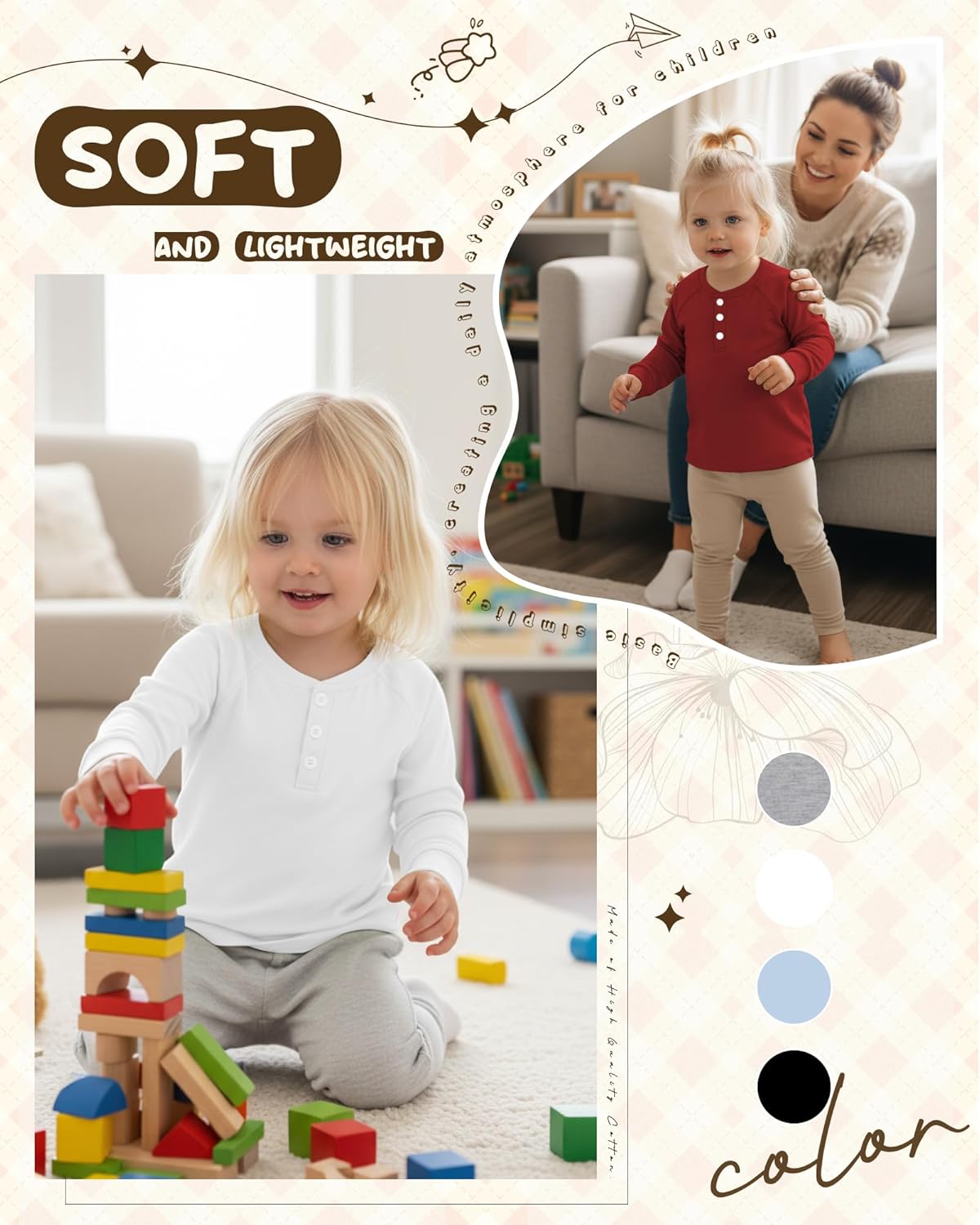 4 Pack Boys' Long Sleeve T-Shirts Girls' Henley Tees Casual Toddler Shirts Solid Baby Winter Clothes Unisex - Image 6