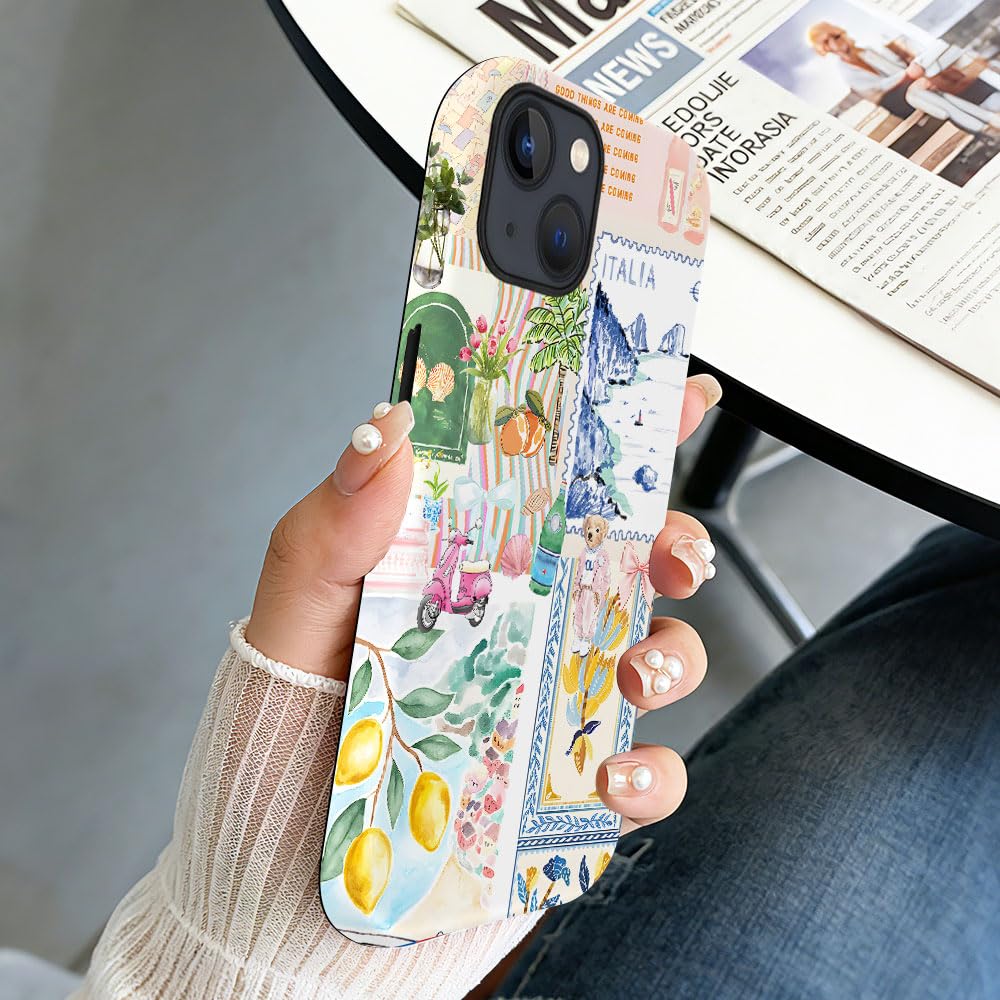 Coque pour iPhone 15, coque de téléphone avec collage de timbres côtiers italiens, coque de téléphone tendance en silicone givré, coque antichoc pour fille et femme