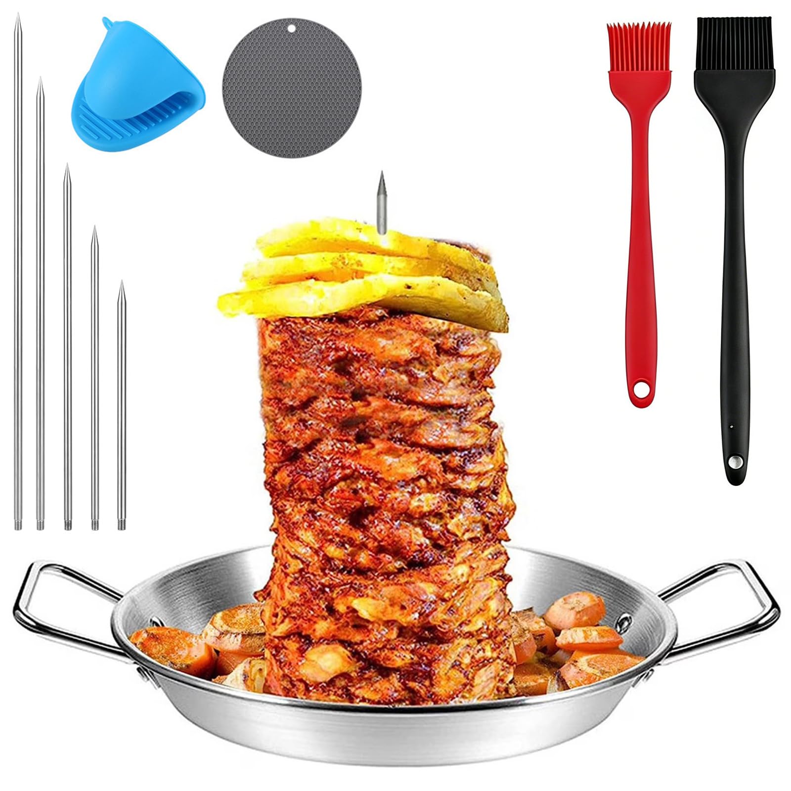 Supporto verticale per spiedini per kebab, in acciaio inox, con 25,4 cm, 5 punte in acciaio inox, 2 spazzole per olio, guanti in silicone, cuscinetto isolante termico per grigliare la carne