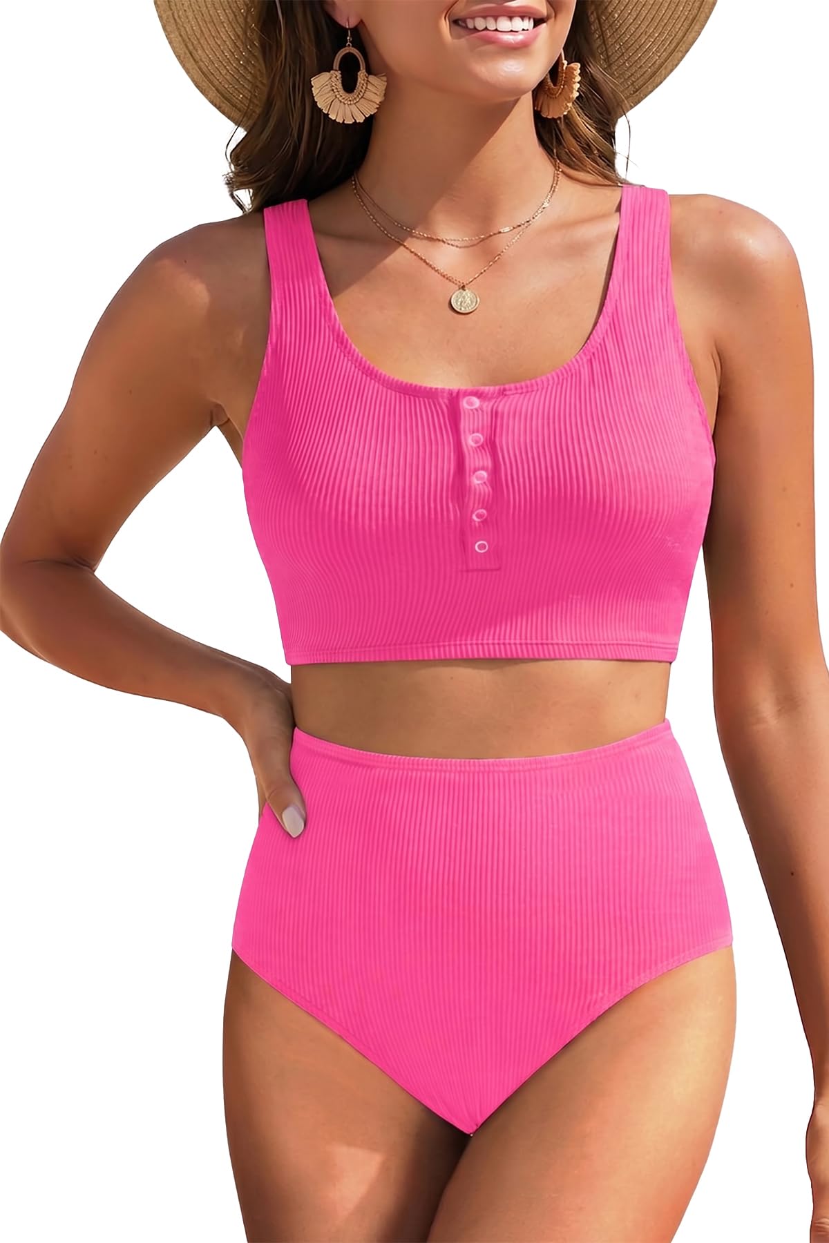 Photo 1 of Aqua Eve Women High Waisted Bikini Set Racerback Swimsuit Two Piece Bathing Suit High Neck Swimwear Button-Hot Pink S
