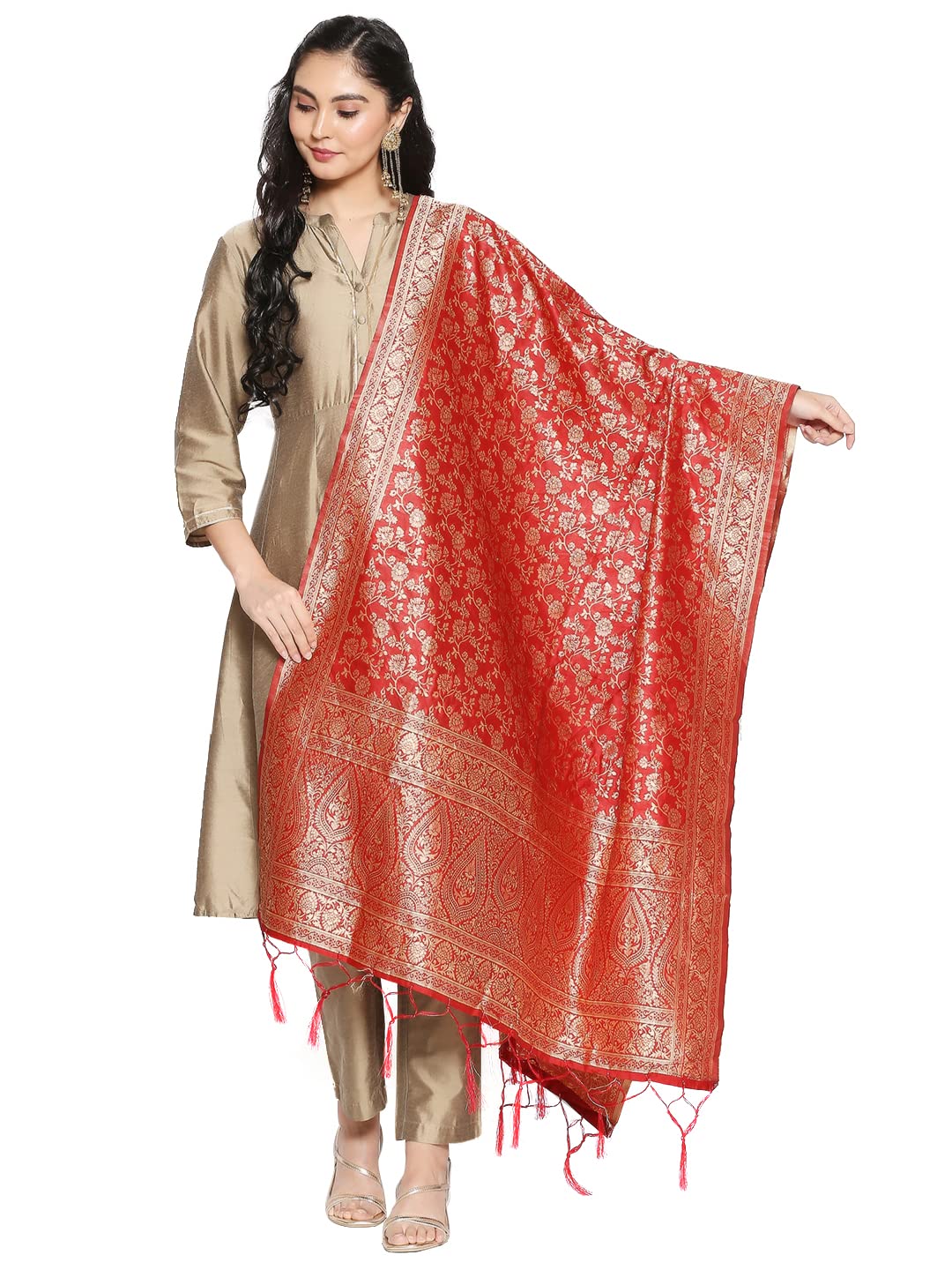 Women's Red Banarasi Silk Dupatta with floral Weaving.