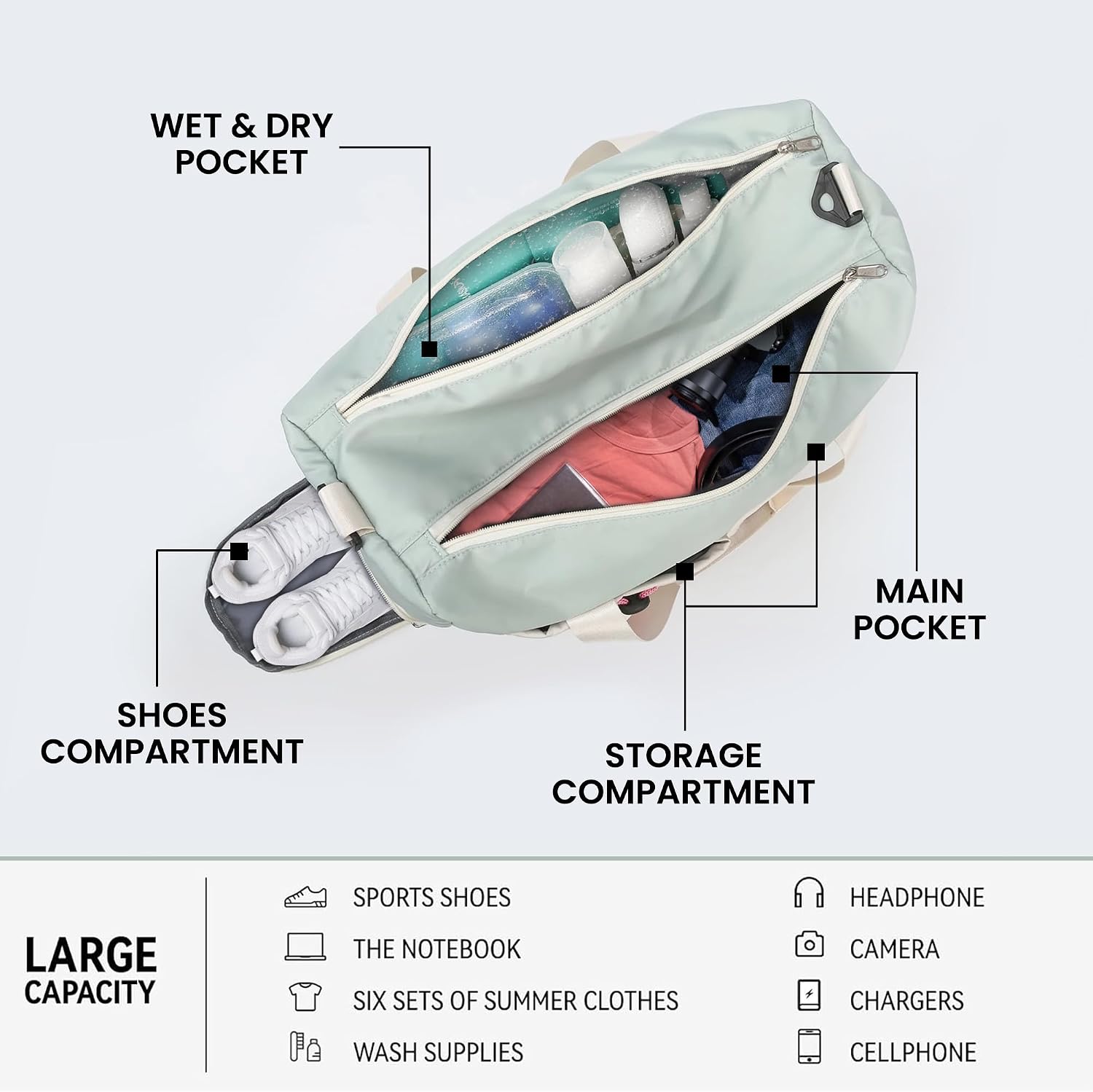 Storite Nylon 45 cms Imported Travel Duffle Bag Muti- Pocket Sports Shoulder Bag for Women with Wet Pocket & Shoe Compartment Weekender Overnight Travel Luggage Bag (Pista Green -45cmX31cmX17cm