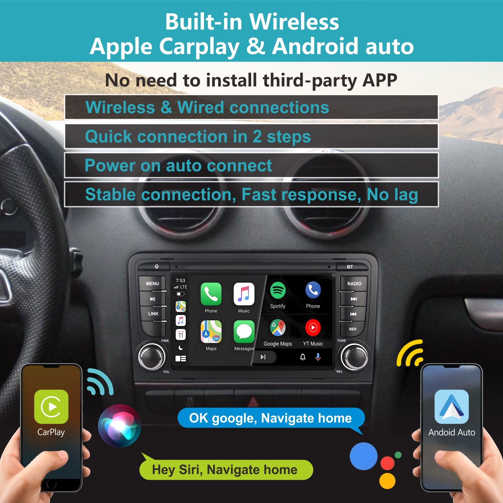 Autoradio per Audi A3 8P 2003-2012,con Sistema Linux & Display IPS 7",CarPlay Wireless e Android Auto Integrati,Comandi al volante originali,Bluetooth 5.0,RDS AM/FM,USB,EQ/DSP & Alta Potenza