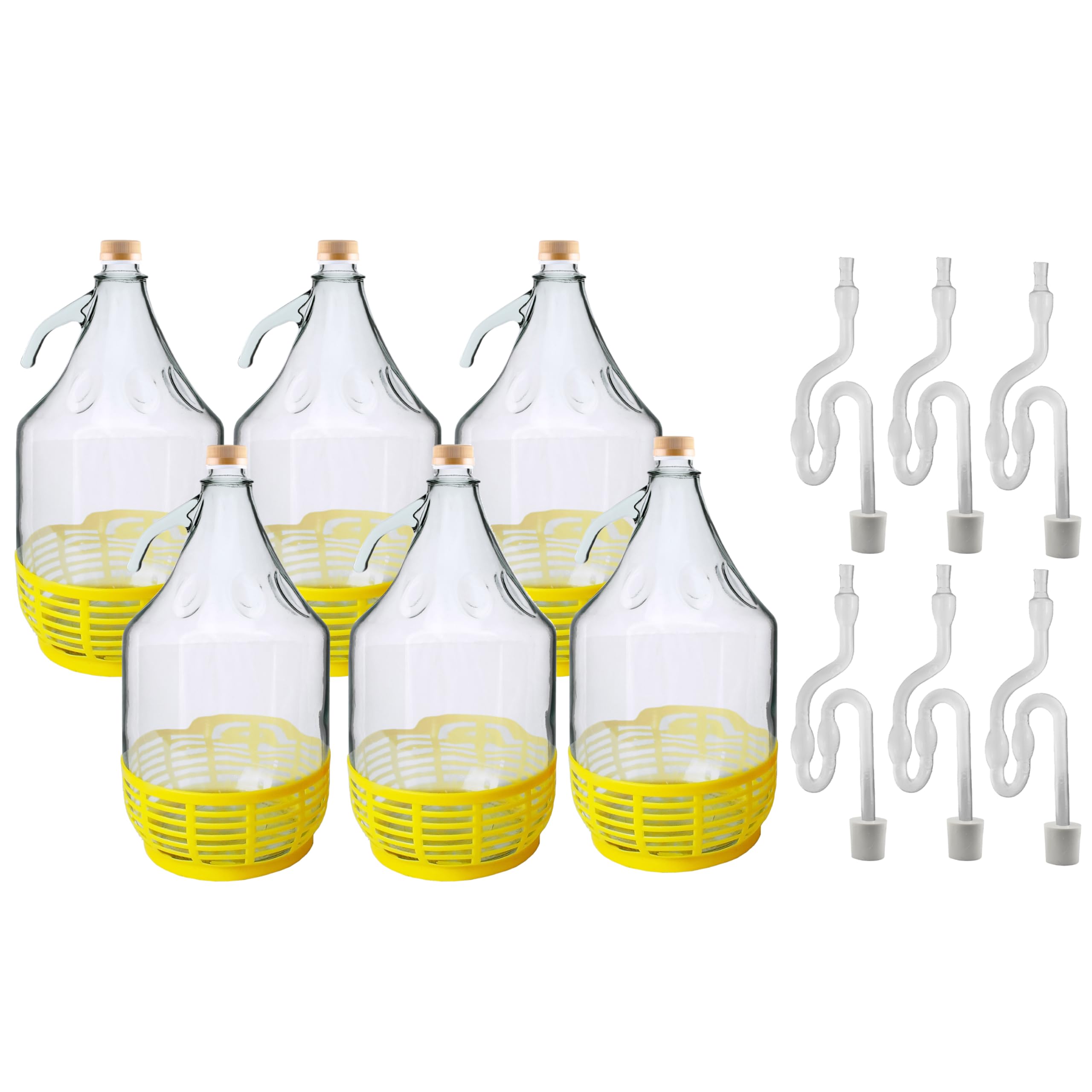 5l Glass Demijohn for Wine Making/Home Brewing and Storage,Screw top caps + Protective Base,airlocks+bungs Included (Pack of 6)