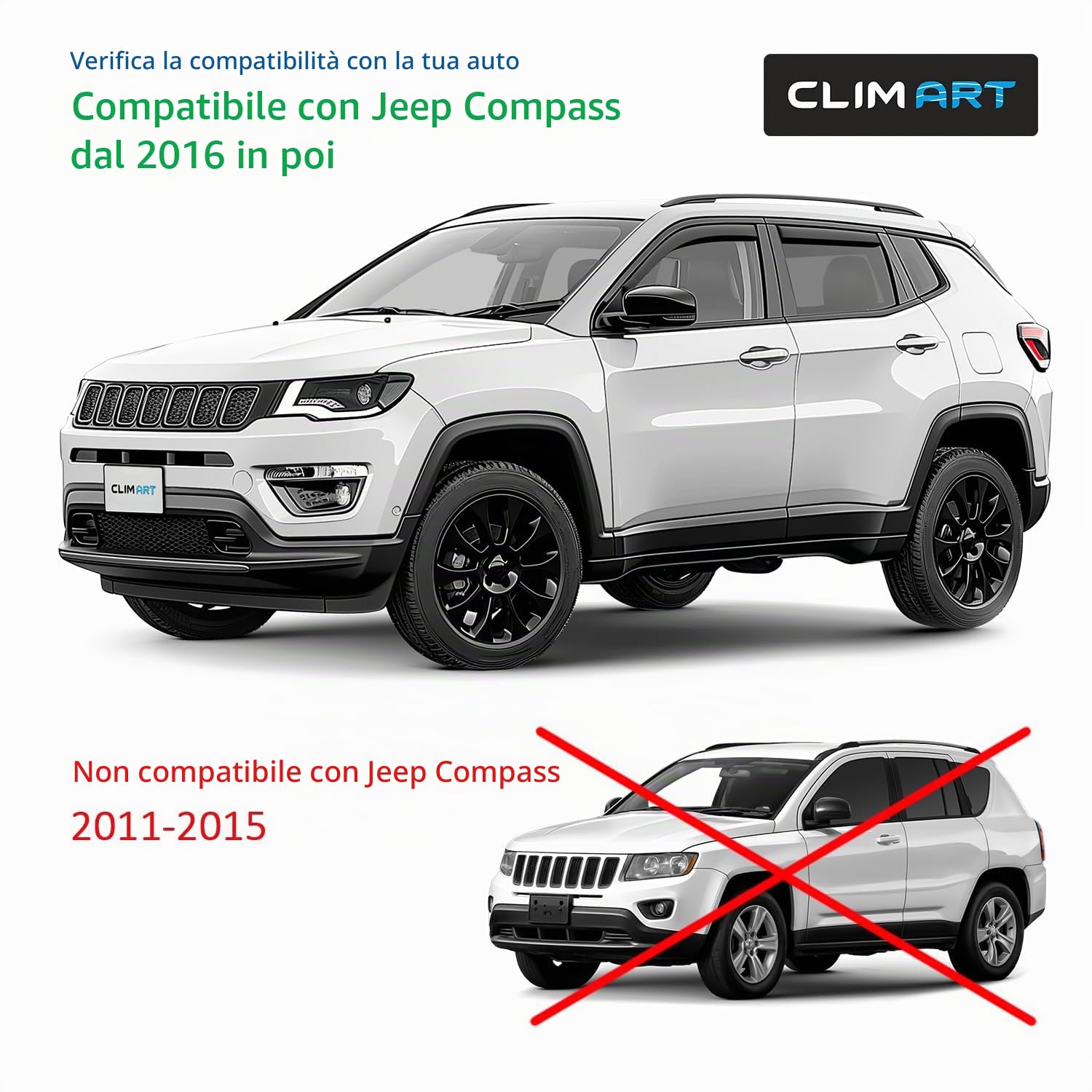 Clim Art Deflettori Compatibile con Jeep Compass 16-26 - Incasso 4Pz | Deflettore finestrini auto Jeep Compass II, antiturbo, paravento, policarbonato infrangibile, meteo-resistente