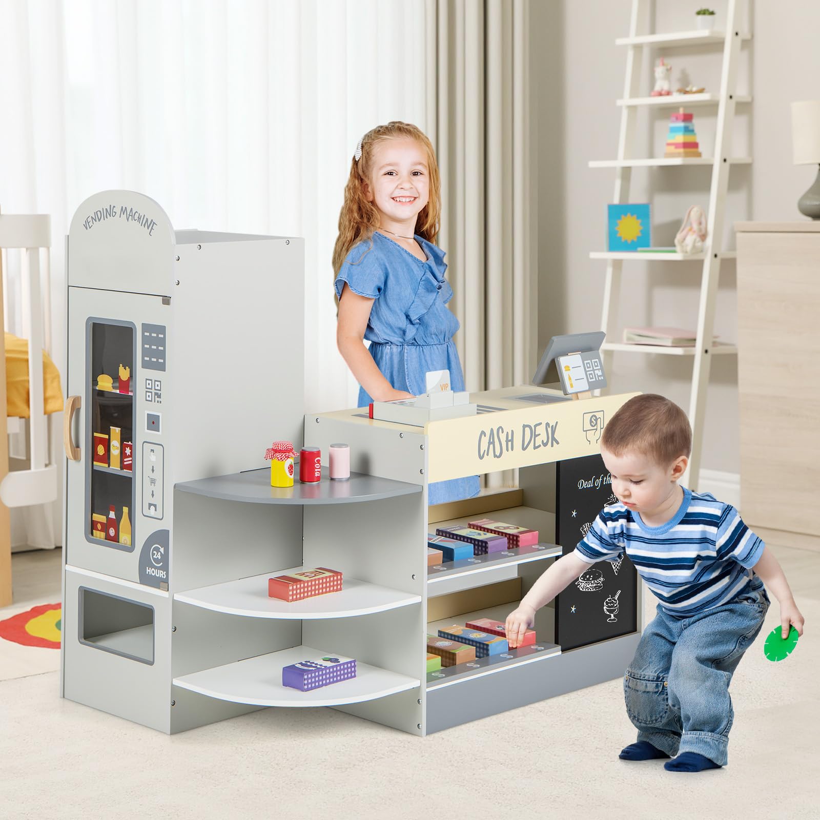 COSTWAY Épicerie Enfants en Bois avec 15 Accessoires & Distributeur Automatique, Marchande Enfants avec Caisse Enregistreuse Réaliste & Tableau Noir, Jeu d’Imitation pour Enfants de 3-8 Ans (Gris)