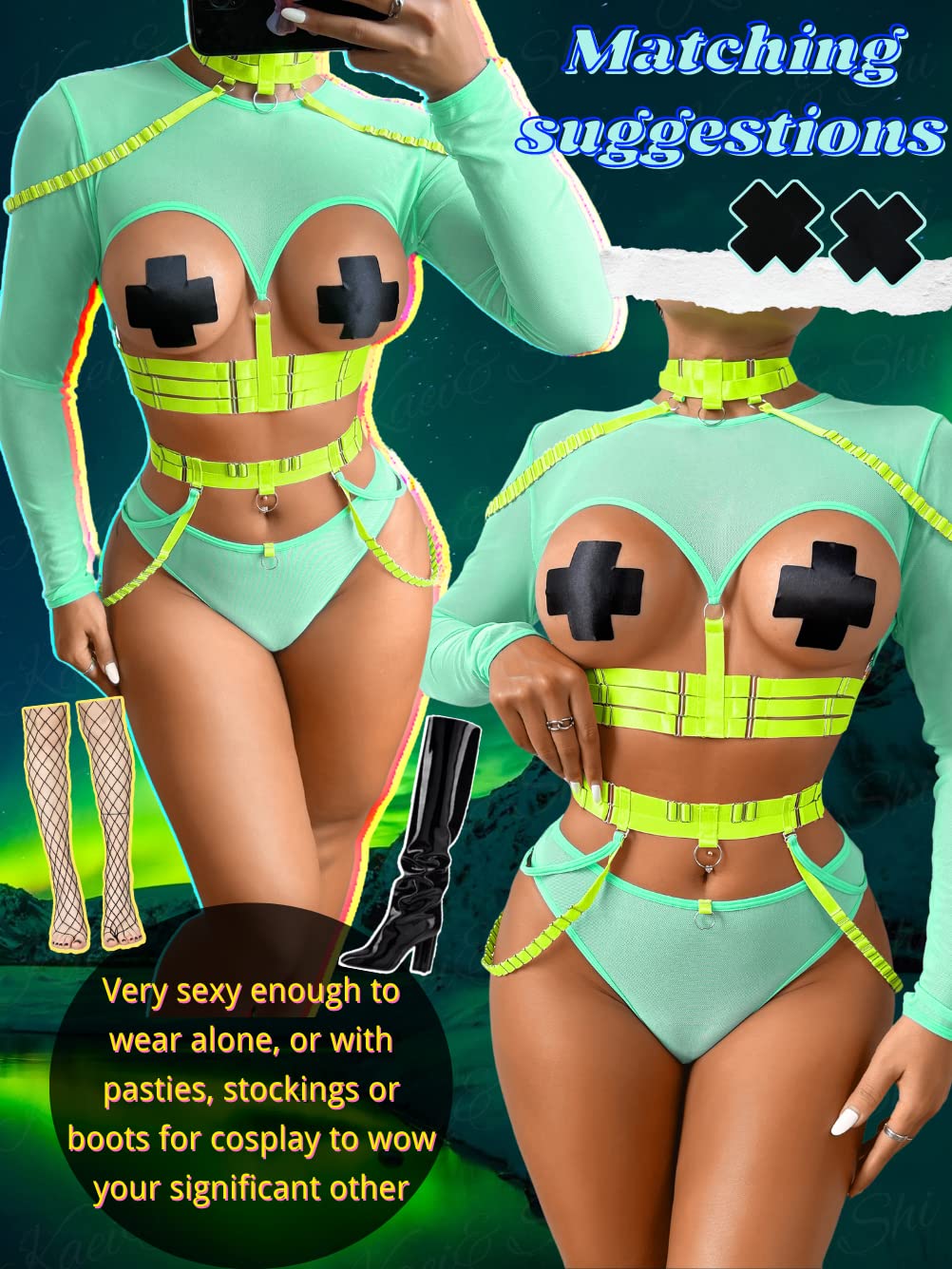 Kaei&Shi Rave Outfit, Adjustable Strappy, Contrast Color, Choker, Chain Belt: Mint-neon Green 12