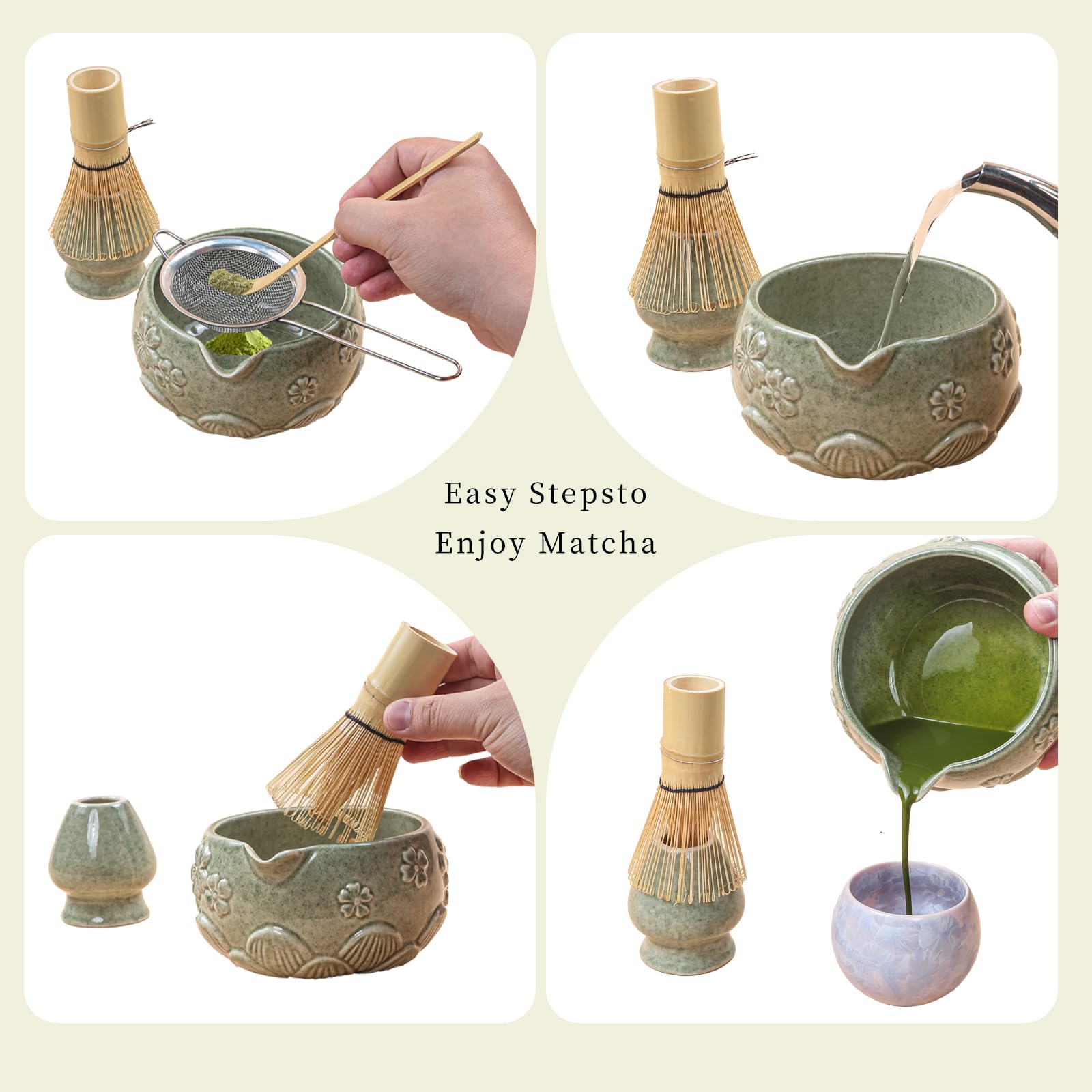 Set di ciotole in ceramica per matcha, 8 pezzi, Frullino Matcha, Ciotola Matcha con beccuccio, Filtro, Supporto e Cucchiaio, Set per Cerimonia del Tè Artigianale, Verde