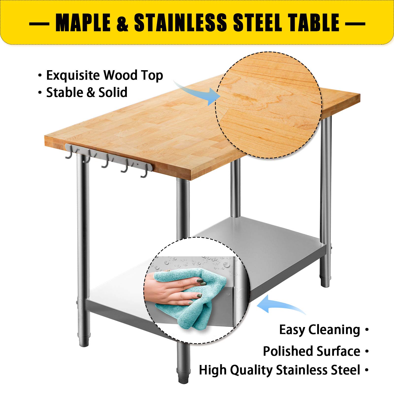 Buy VEVOR Maple Top Work Table, Stainless Steel Kitchen Prep Table Wood
