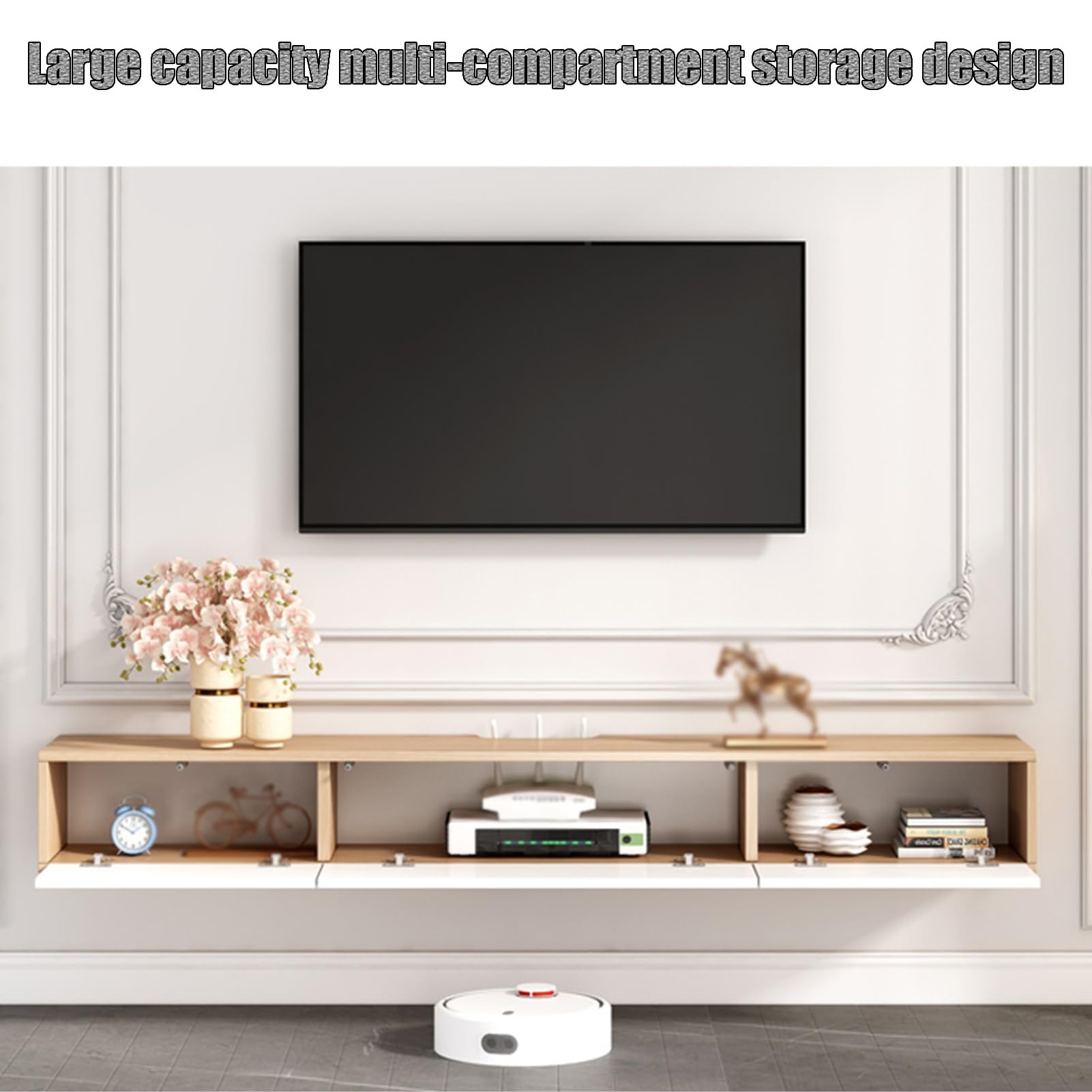 Versátil soporte de pared gris para TV, estante flotante con amplio almacenamiento, alta capacidad de carga, se adapta a la mayoría de televisores (100 x 22 x 21 cm), ideal para decoración de sala de