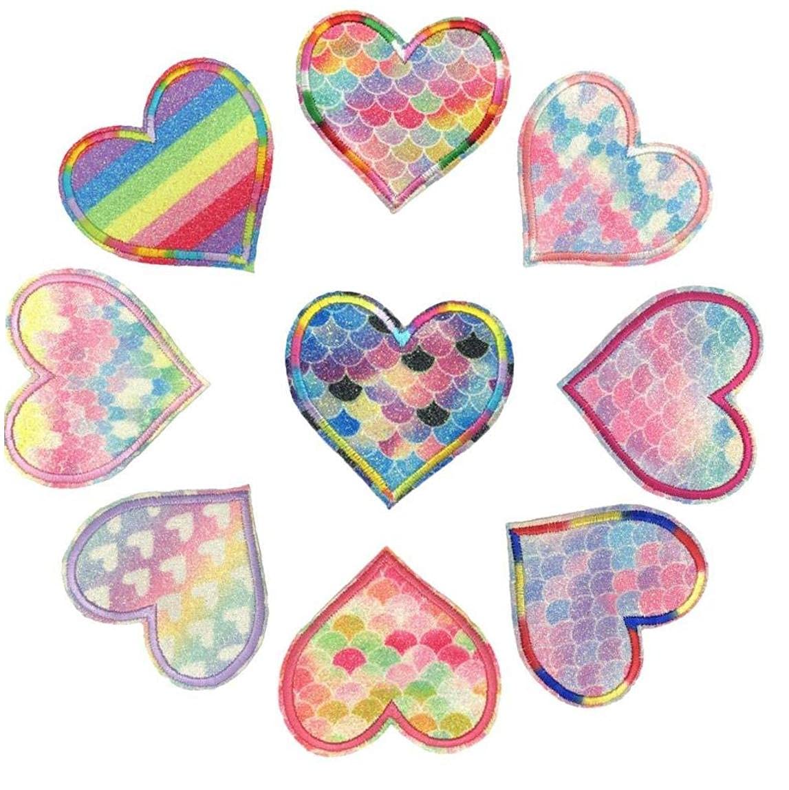 Froiny Girls Colour Name:mermaid Hearts 9Pcs Rainbow Hearts Patch Iron Sewing Clothing Decorative Sticker For Kids