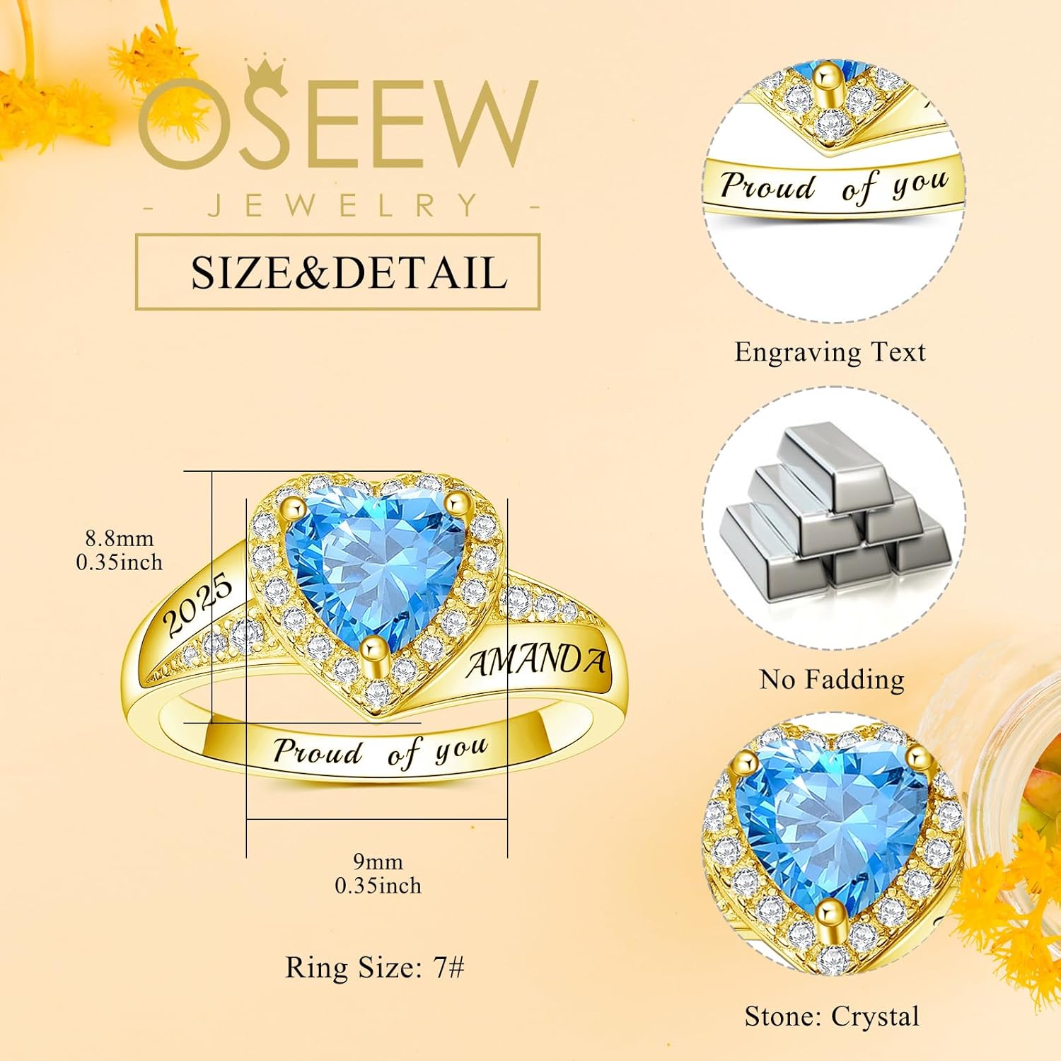 Custom Class Ring for Women High School and College Graduation Rings for Females Sterling silver/10k 14k 18k Gold Heart Shape Crystal Graduation for Her Class of 2025 Ring