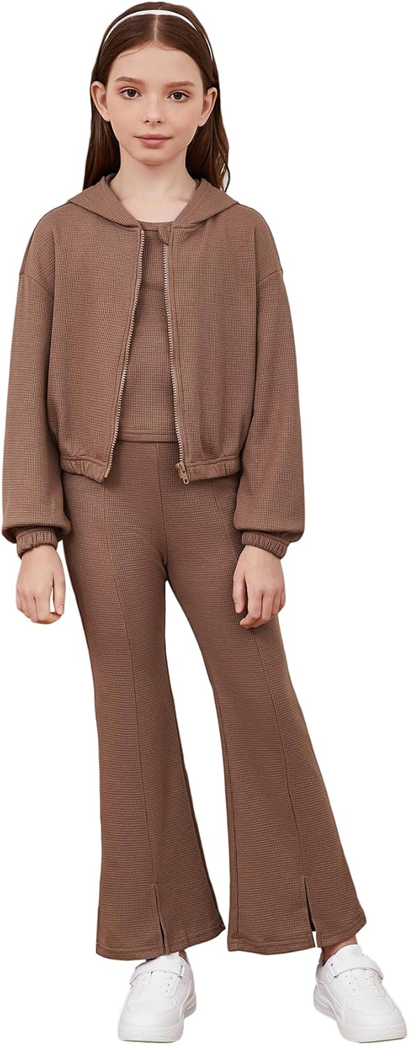 Floerns Girls Long Sleeve Hoodie Tank Split Flare Pants Set Three Piece Outfit