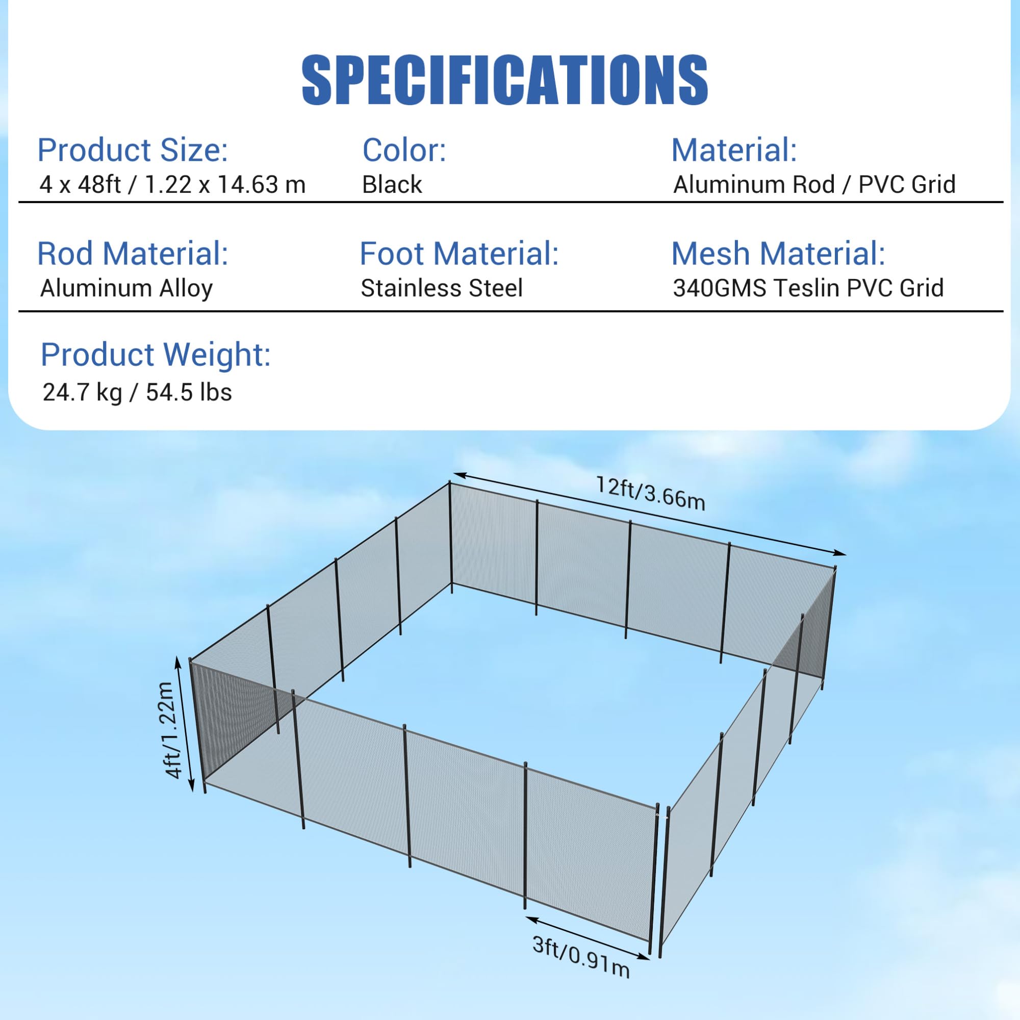Valla Para Piscina, 1,2 x 14,6 m (4 x 48 Pies), Valla De Seguridad Infantil Extraíble, Fácil De Instalar, Barrera De Seguridad Para Niños y Mascotas En El Patio Trasero