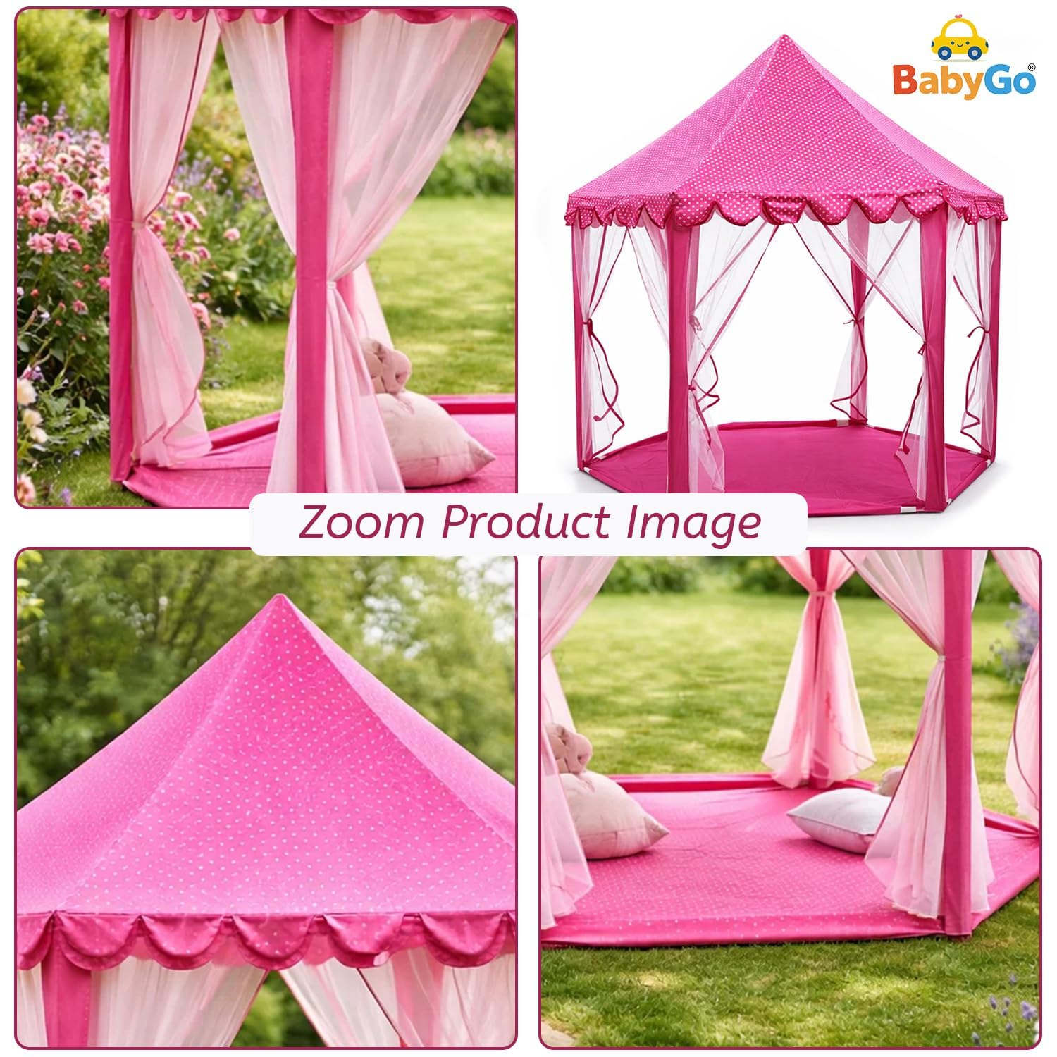 BabyGo Kids Prince Princess Castle Theme Play Tent with Mosquito Net Design for Kids (Pink) (140cm x 135cm x 70cm) 3