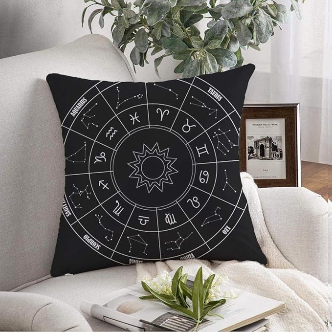 Pillow Cover Decorative Zodiac Capricorn Circle Astrology Sings On Black Science Dark Star Signs Symbols Aquarius Birthday Throw Pillow Cover Cushion Case for Couch Home Farmhouse Decor 16x16 Inch