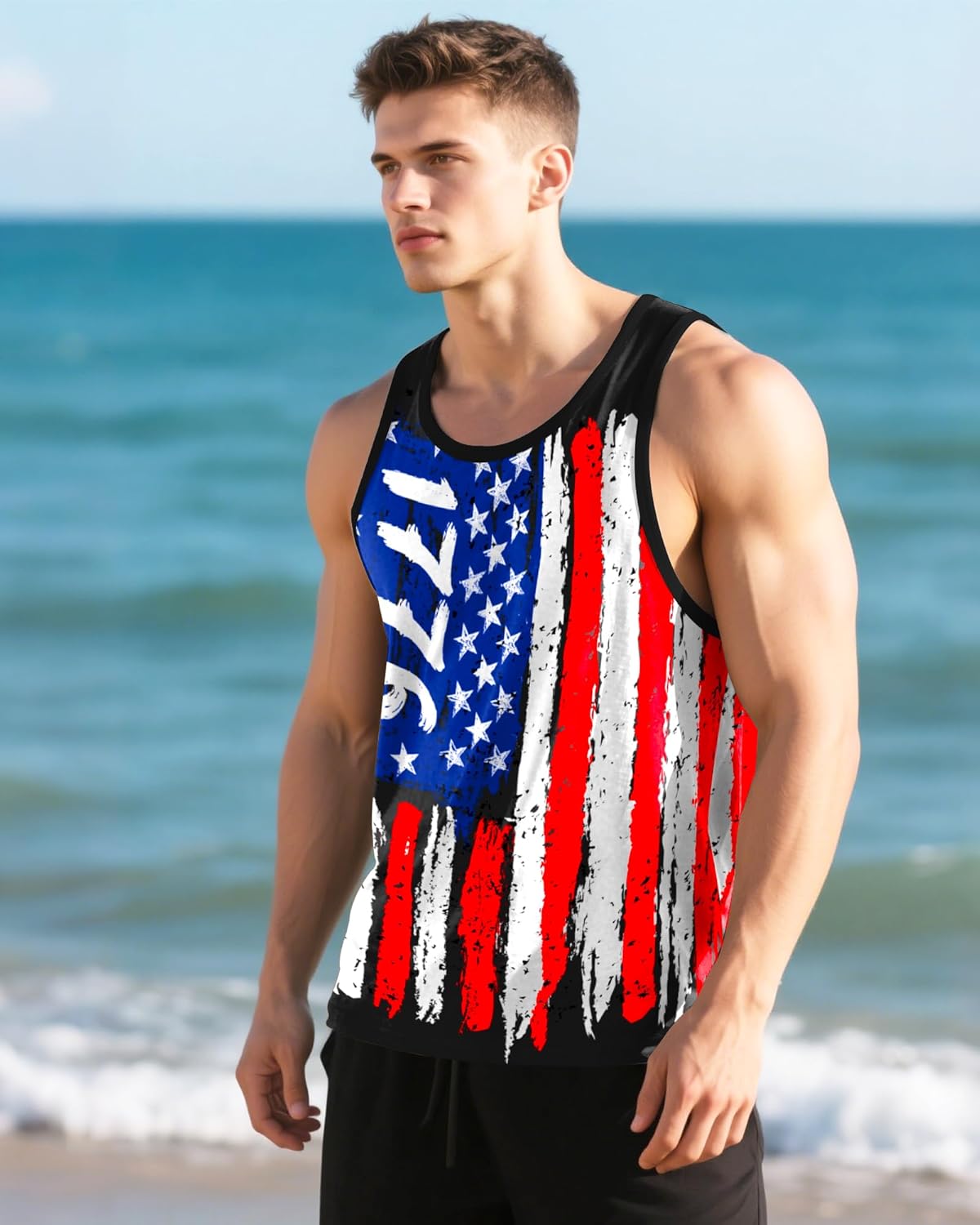 Mens Beach Tank Tops Sleeveless Shirts for Men Summer American Flag Print Graphic Mens Workout Gym Shirts Palm Tree Tops - Image 3