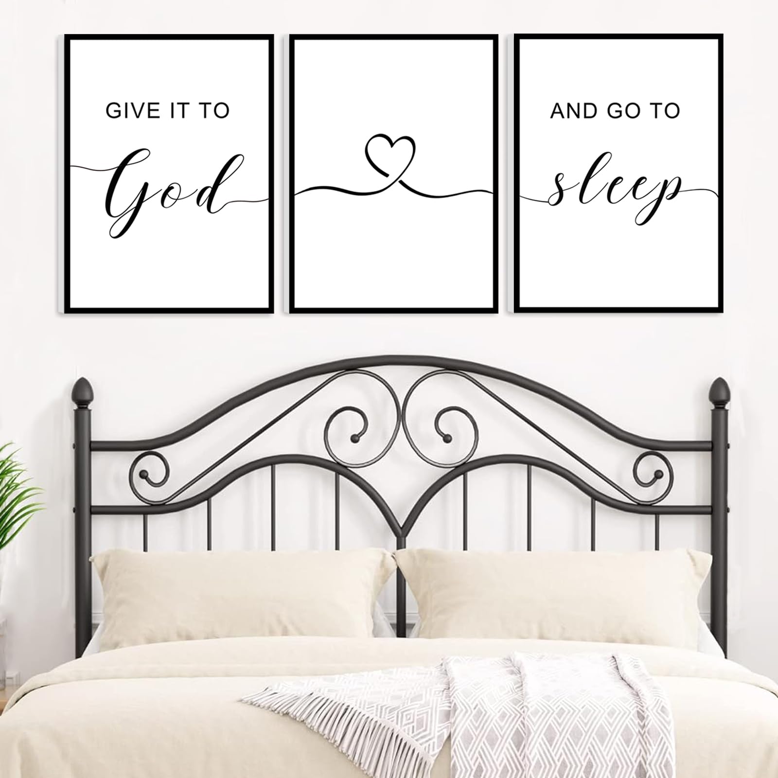 Framed Give it to God and Go to Sleep Signs 36x16”, Above Bed Wall Decors, Black And White Bedroom Decor (12x16 inches, Set of 3, Framed, Black)