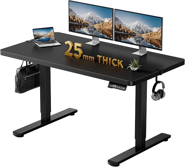 55 x 24 Inch Whole Piece Electric Standing Desk - 1 Inch Thick Seamless Solid Tabletop Adjustable Height Office Desk, Double Beam Frame Sturdy Sit Stand Workstation,Black